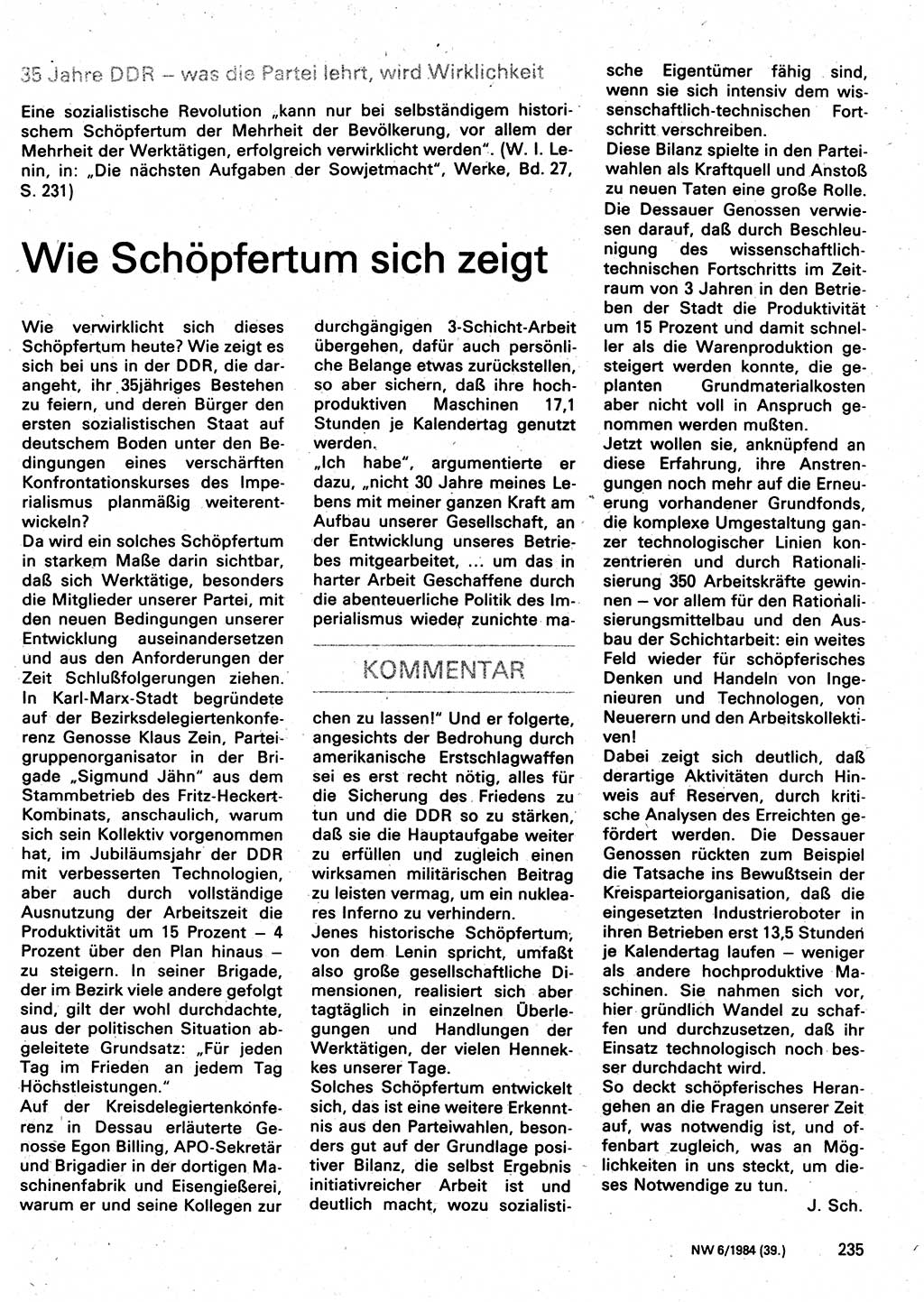 Neuer Weg (NW), Organ des Zentralkomitees (ZK) der SED (Sozialistische Einheitspartei Deutschlands) für Fragen des Parteilebens, 39. Jahrgang [Deutsche Demokratische Republik (DDR)] 1984, Seite 235 (NW ZK SED DDR 1984, S. 235)