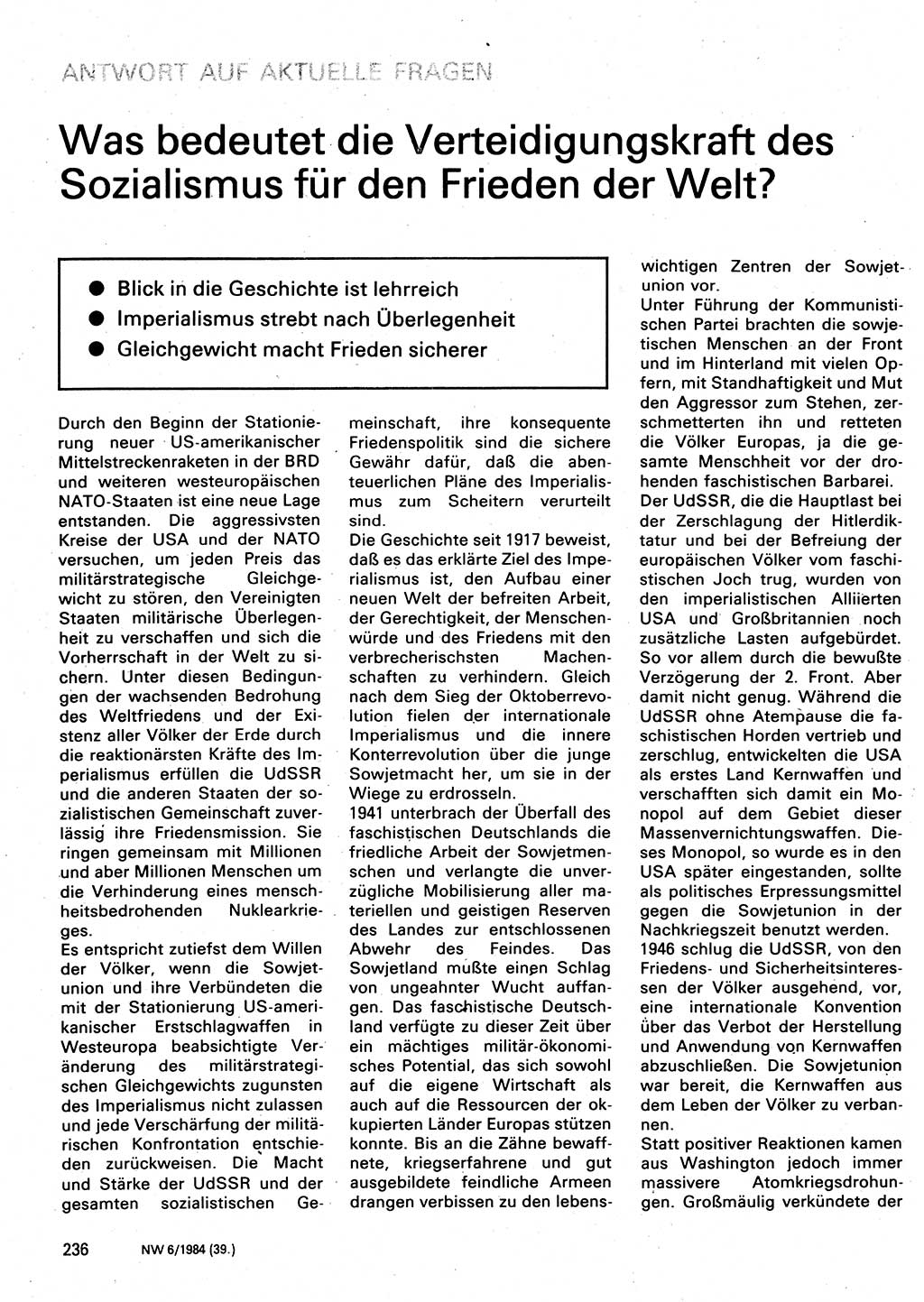 Neuer Weg (NW), Organ des Zentralkomitees (ZK) der SED (Sozialistische Einheitspartei Deutschlands) für Fragen des Parteilebens, 39. Jahrgang [Deutsche Demokratische Republik (DDR)] 1984, Seite 236 (NW ZK SED DDR 1984, S. 236)