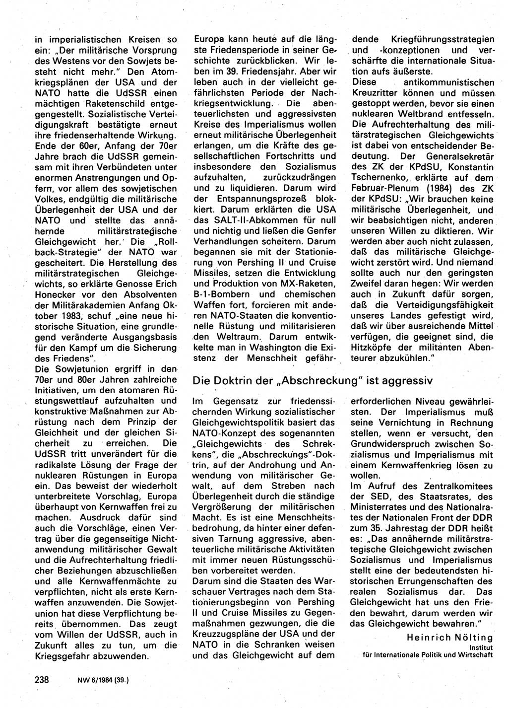 Neuer Weg (NW), Organ des Zentralkomitees (ZK) der SED (Sozialistische Einheitspartei Deutschlands) für Fragen des Parteilebens, 39. Jahrgang [Deutsche Demokratische Republik (DDR)] 1984, Seite 238 (NW ZK SED DDR 1984, S. 238)