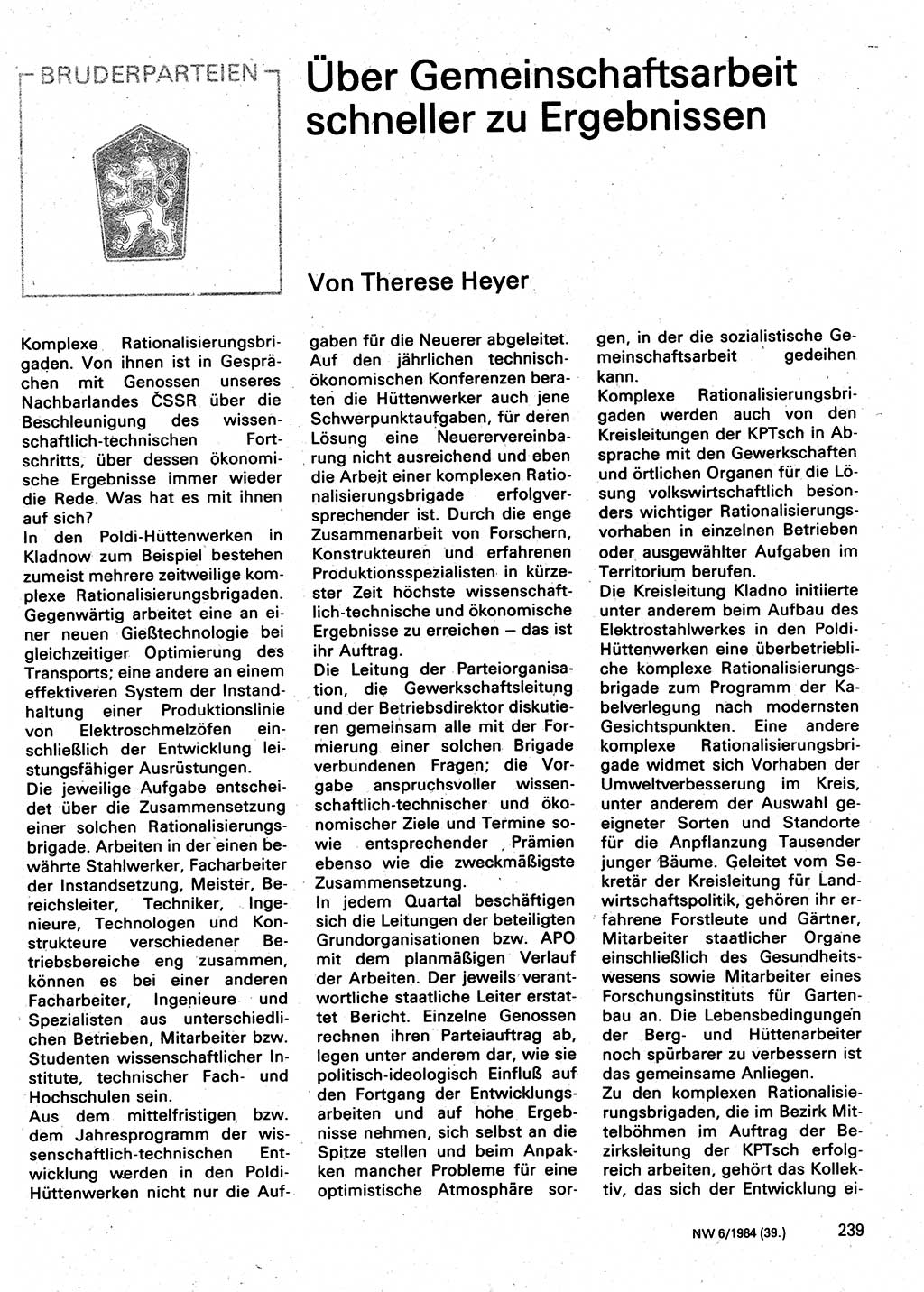 Neuer Weg (NW), Organ des Zentralkomitees (ZK) der SED (Sozialistische Einheitspartei Deutschlands) für Fragen des Parteilebens, 39. Jahrgang [Deutsche Demokratische Republik (DDR)] 1984, Seite 239 (NW ZK SED DDR 1984, S. 239)