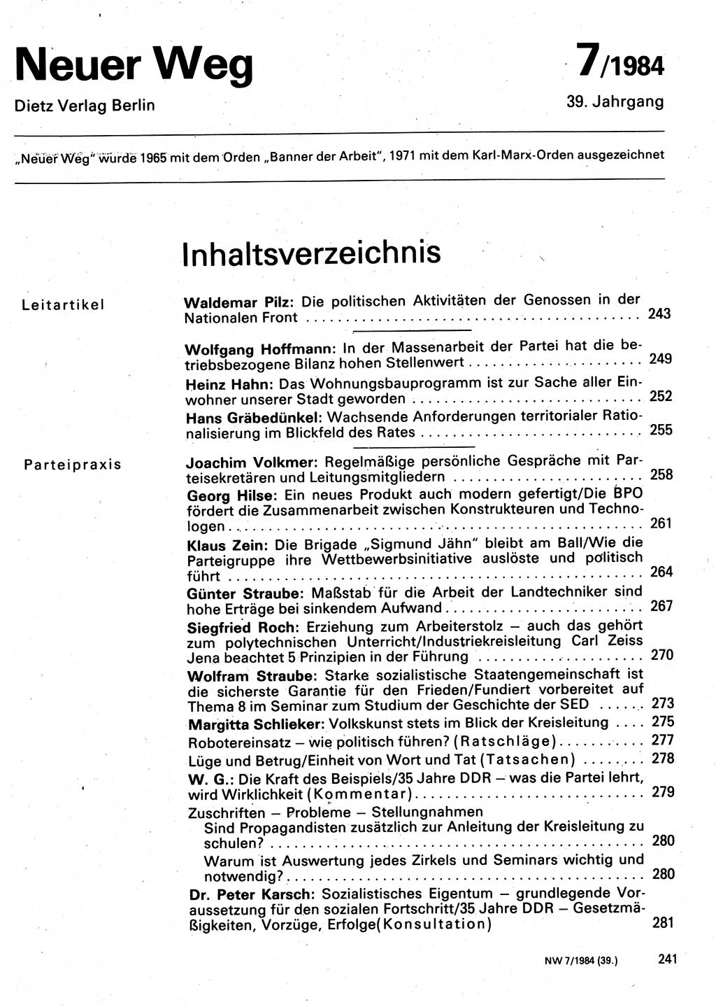 Neuer Weg (NW), Organ des Zentralkomitees (ZK) der SED (Sozialistische Einheitspartei Deutschlands) für Fragen des Parteilebens, 39. Jahrgang [Deutsche Demokratische Republik (DDR)] 1984, Seite 241 (NW ZK SED DDR 1984, S. 241)