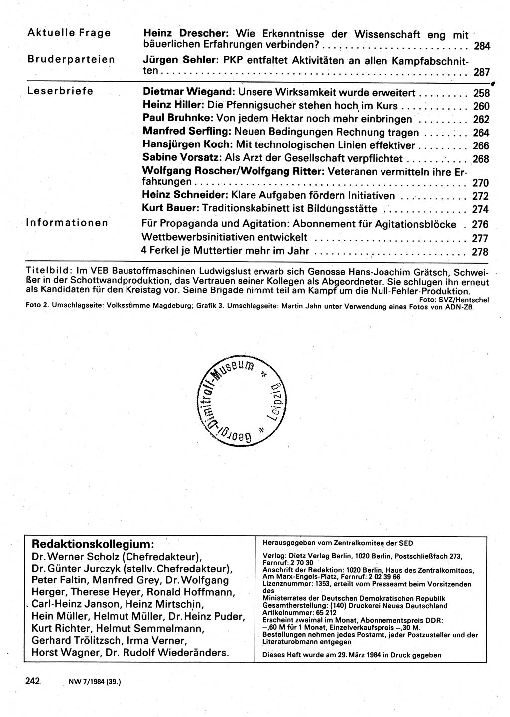 Neuer Weg (NW), Organ des Zentralkomitees (ZK) der SED (Sozialistische Einheitspartei Deutschlands) für Fragen des Parteilebens, 39. Jahrgang [Deutsche Demokratische Republik (DDR)] 1984, Seite 242 (NW ZK SED DDR 1984, S. 242)
