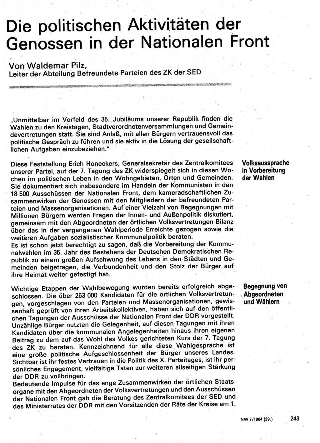 Neuer Weg (NW), Organ des Zentralkomitees (ZK) der SED (Sozialistische Einheitspartei Deutschlands) für Fragen des Parteilebens, 39. Jahrgang [Deutsche Demokratische Republik (DDR)] 1984, Seite 243 (NW ZK SED DDR 1984, S. 243)