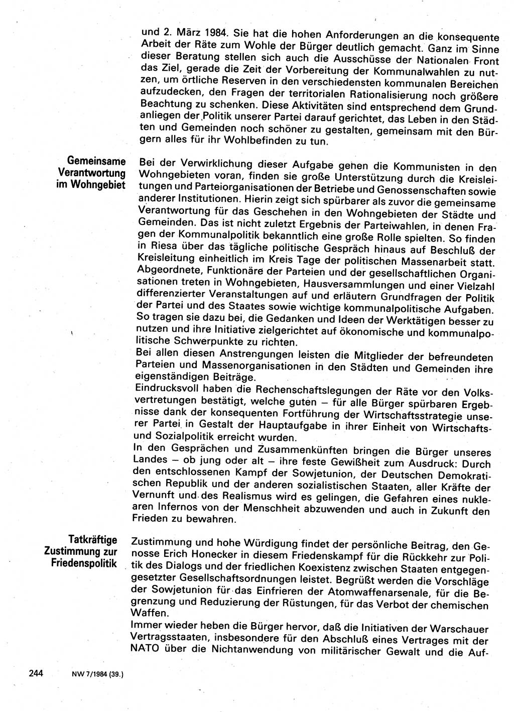 Neuer Weg (NW), Organ des Zentralkomitees (ZK) der SED (Sozialistische Einheitspartei Deutschlands) für Fragen des Parteilebens, 39. Jahrgang [Deutsche Demokratische Republik (DDR)] 1984, Seite 244 (NW ZK SED DDR 1984, S. 244)