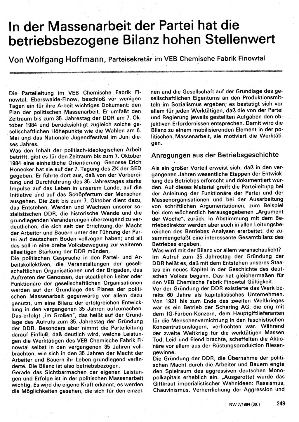 Neuer Weg (NW), Organ des Zentralkomitees (ZK) der SED (Sozialistische Einheitspartei Deutschlands) für Fragen des Parteilebens, 39. Jahrgang [Deutsche Demokratische Republik (DDR)] 1984, Seite 249 (NW ZK SED DDR 1984, S. 249)