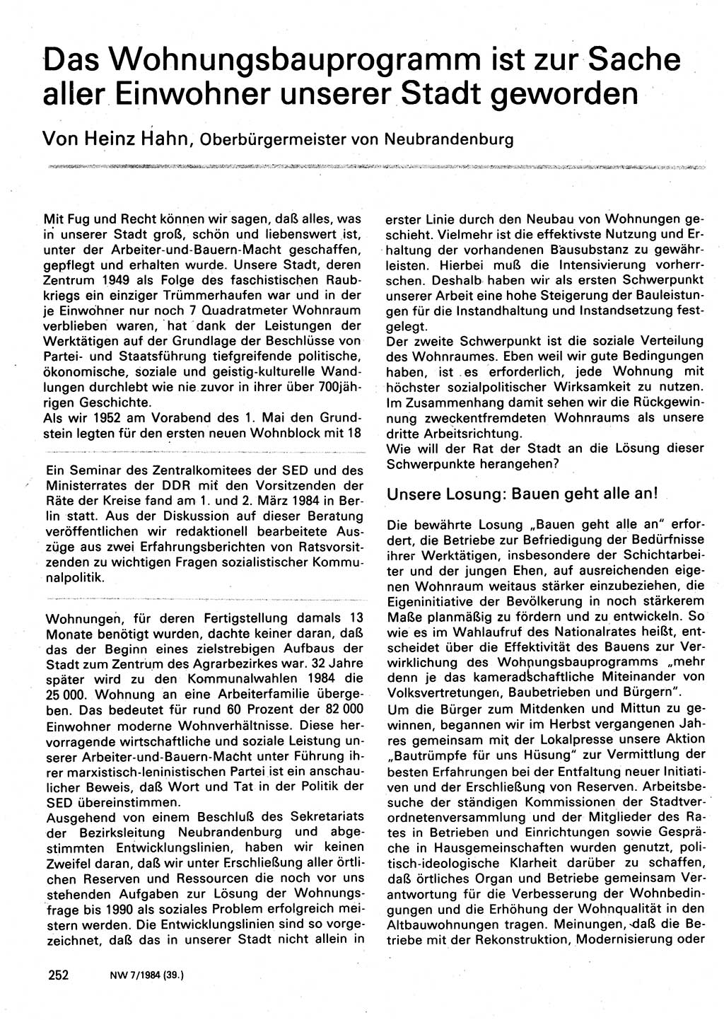 Neuer Weg (NW), Organ des Zentralkomitees (ZK) der SED (Sozialistische Einheitspartei Deutschlands) für Fragen des Parteilebens, 39. Jahrgang [Deutsche Demokratische Republik (DDR)] 1984, Seite 252 (NW ZK SED DDR 1984, S. 252)