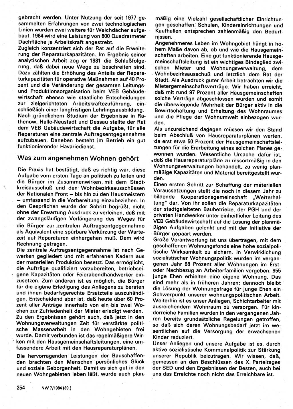 Neuer Weg (NW), Organ des Zentralkomitees (ZK) der SED (Sozialistische Einheitspartei Deutschlands) für Fragen des Parteilebens, 39. Jahrgang [Deutsche Demokratische Republik (DDR)] 1984, Seite 254 (NW ZK SED DDR 1984, S. 254)