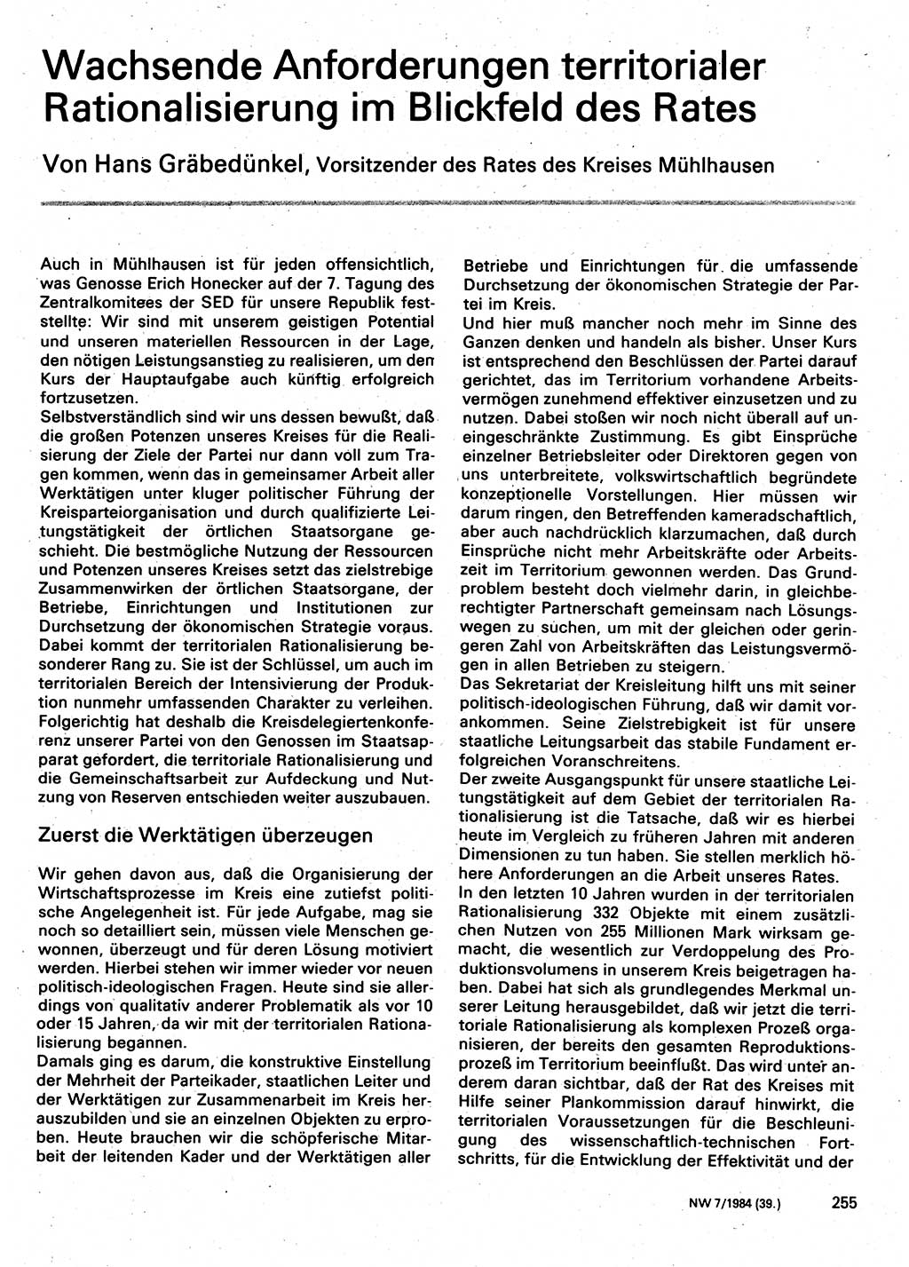 Neuer Weg (NW), Organ des Zentralkomitees (ZK) der SED (Sozialistische Einheitspartei Deutschlands) für Fragen des Parteilebens, 39. Jahrgang [Deutsche Demokratische Republik (DDR)] 1984, Seite 255 (NW ZK SED DDR 1984, S. 255)