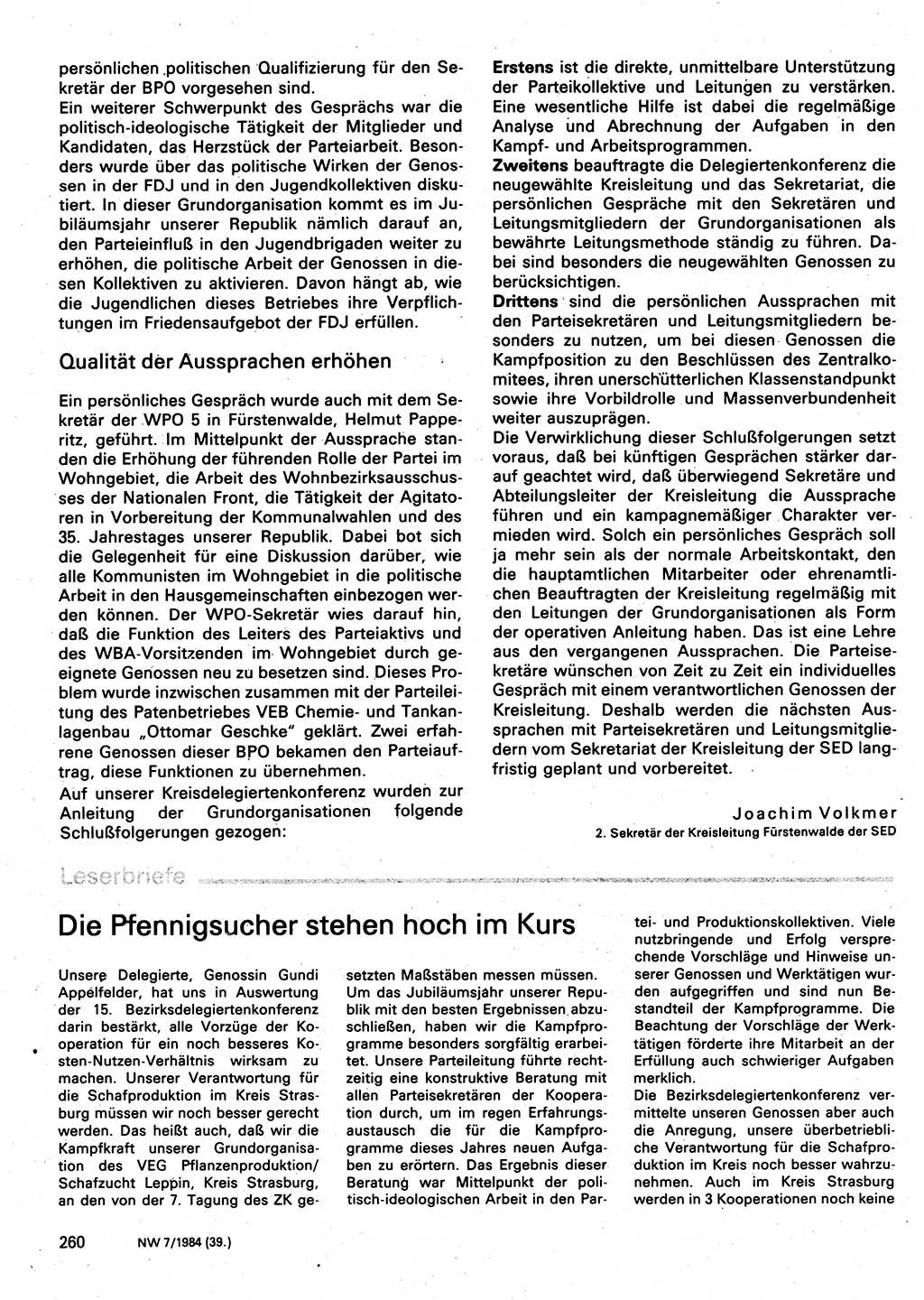 Neuer Weg (NW), Organ des Zentralkomitees (ZK) der SED (Sozialistische Einheitspartei Deutschlands) für Fragen des Parteilebens, 39. Jahrgang [Deutsche Demokratische Republik (DDR)] 1984, Seite 260 (NW ZK SED DDR 1984, S. 260)
