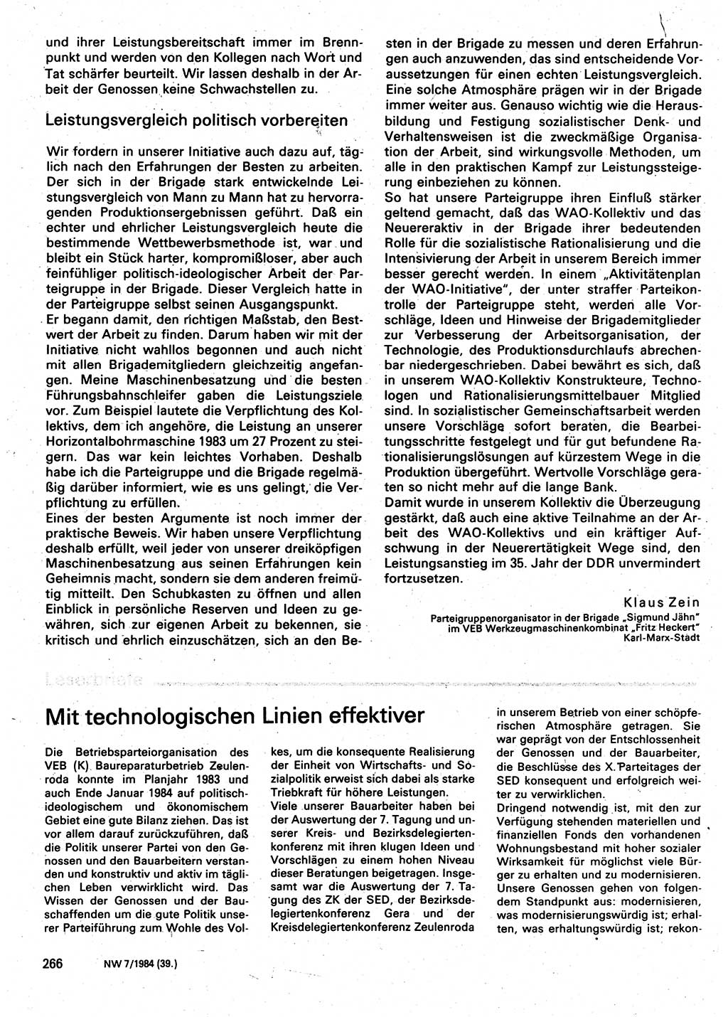 Neuer Weg (NW), Organ des Zentralkomitees (ZK) der SED (Sozialistische Einheitspartei Deutschlands) für Fragen des Parteilebens, 39. Jahrgang [Deutsche Demokratische Republik (DDR)] 1984, Seite 266 (NW ZK SED DDR 1984, S. 266)