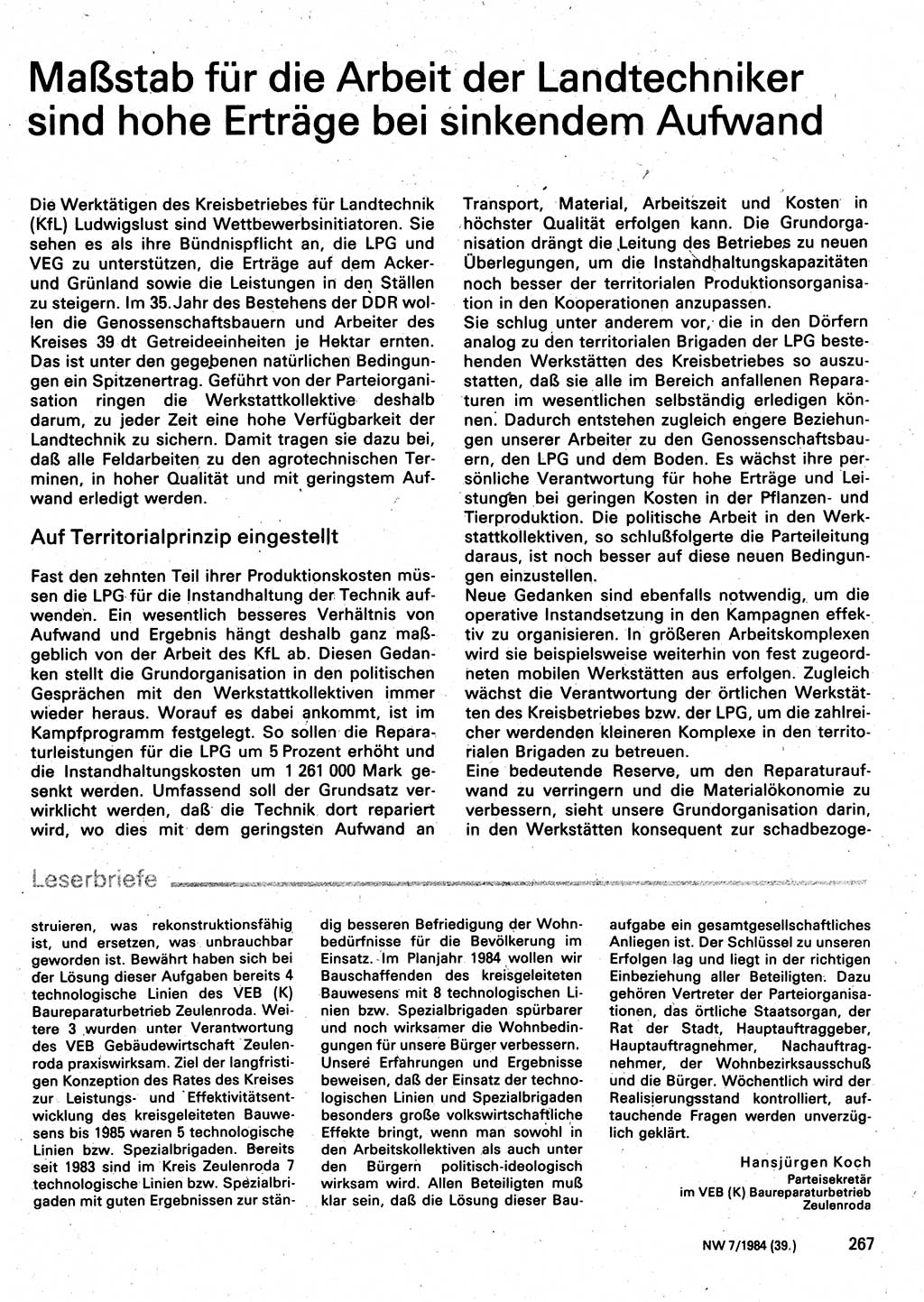 Neuer Weg (NW), Organ des Zentralkomitees (ZK) der SED (Sozialistische Einheitspartei Deutschlands) für Fragen des Parteilebens, 39. Jahrgang [Deutsche Demokratische Republik (DDR)] 1984, Seite 267 (NW ZK SED DDR 1984, S. 267)