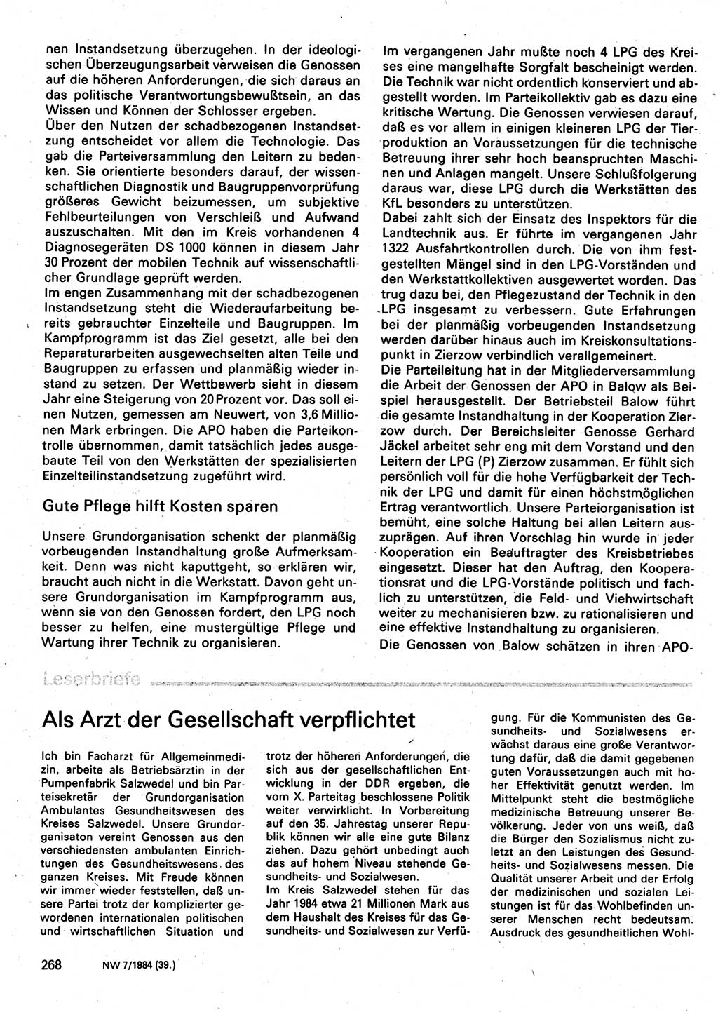 Neuer Weg (NW), Organ des Zentralkomitees (ZK) der SED (Sozialistische Einheitspartei Deutschlands) für Fragen des Parteilebens, 39. Jahrgang [Deutsche Demokratische Republik (DDR)] 1984, Seite 268 (NW ZK SED DDR 1984, S. 268)