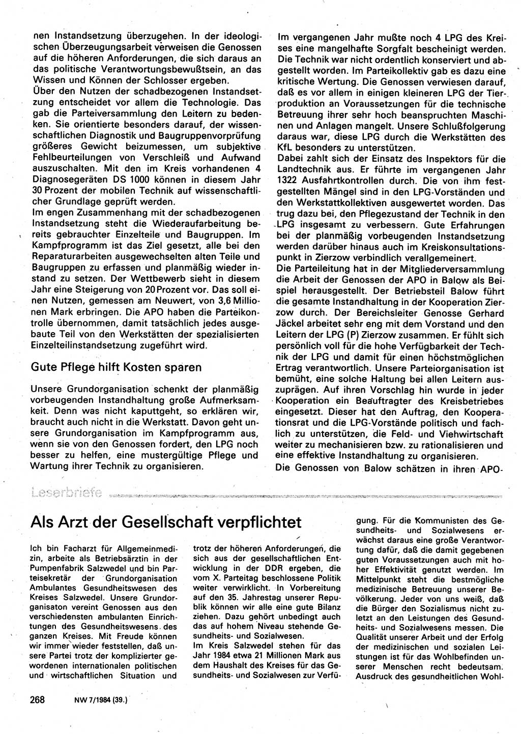 Neuer Weg (NW), Organ des Zentralkomitees (ZK) der SED (Sozialistische Einheitspartei Deutschlands) für Fragen des Parteilebens, 39. Jahrgang [Deutsche Demokratische Republik (DDR)] 1984, Seite 268 (NW ZK SED DDR 1984, S. 268)