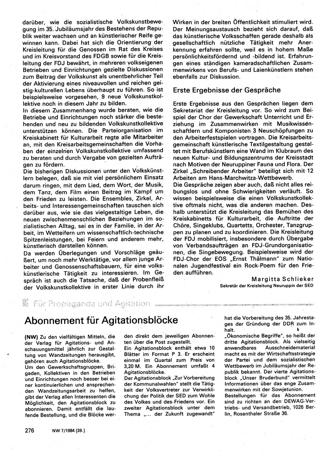 Neuer Weg (NW), Organ des Zentralkomitees (ZK) der SED (Sozialistische Einheitspartei Deutschlands) für Fragen des Parteilebens, 39. Jahrgang [Deutsche Demokratische Republik (DDR)] 1984, Seite 276 (NW ZK SED DDR 1984, S. 276)