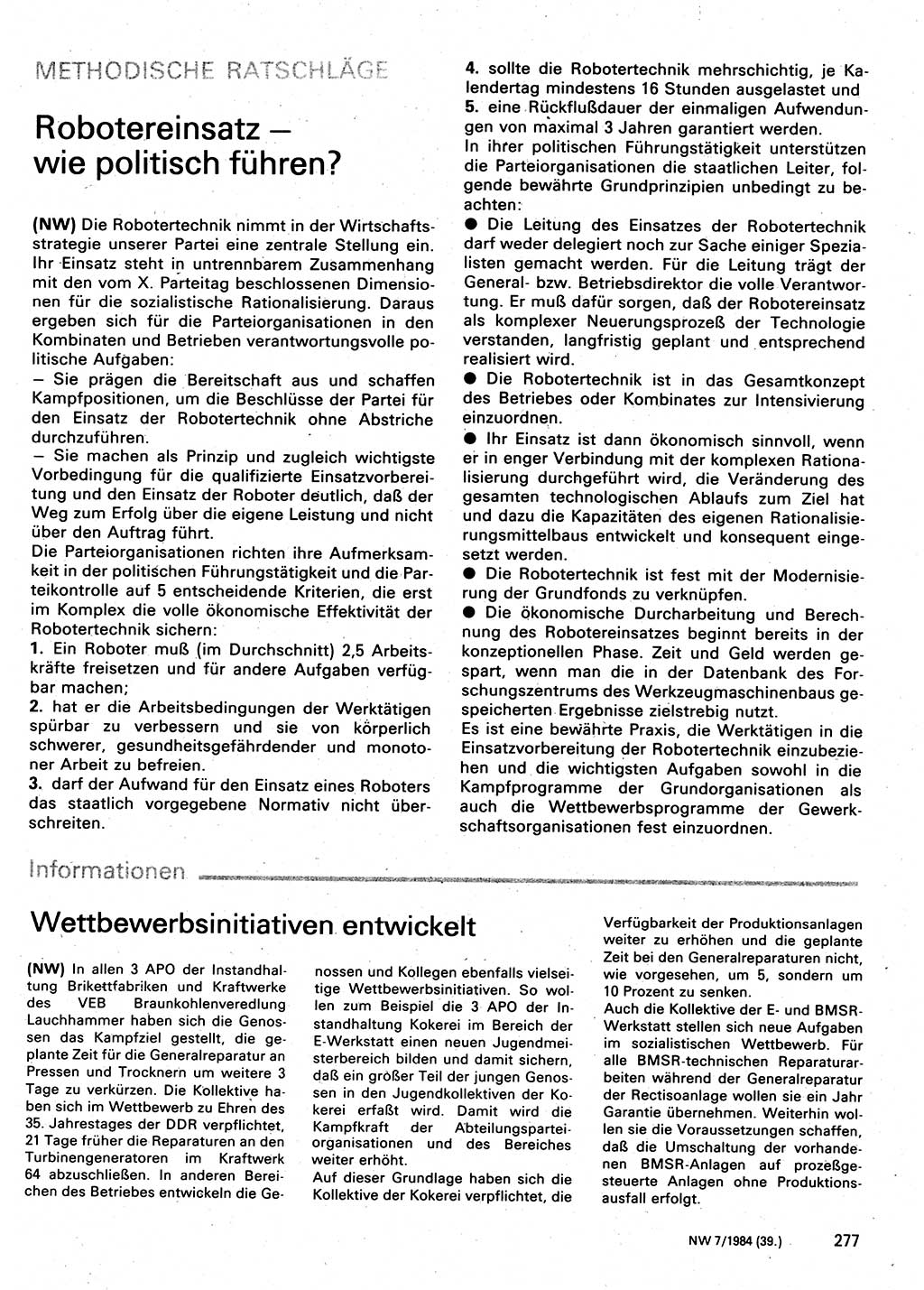 Neuer Weg (NW), Organ des Zentralkomitees (ZK) der SED (Sozialistische Einheitspartei Deutschlands) für Fragen des Parteilebens, 39. Jahrgang [Deutsche Demokratische Republik (DDR)] 1984, Seite 277 (NW ZK SED DDR 1984, S. 277)