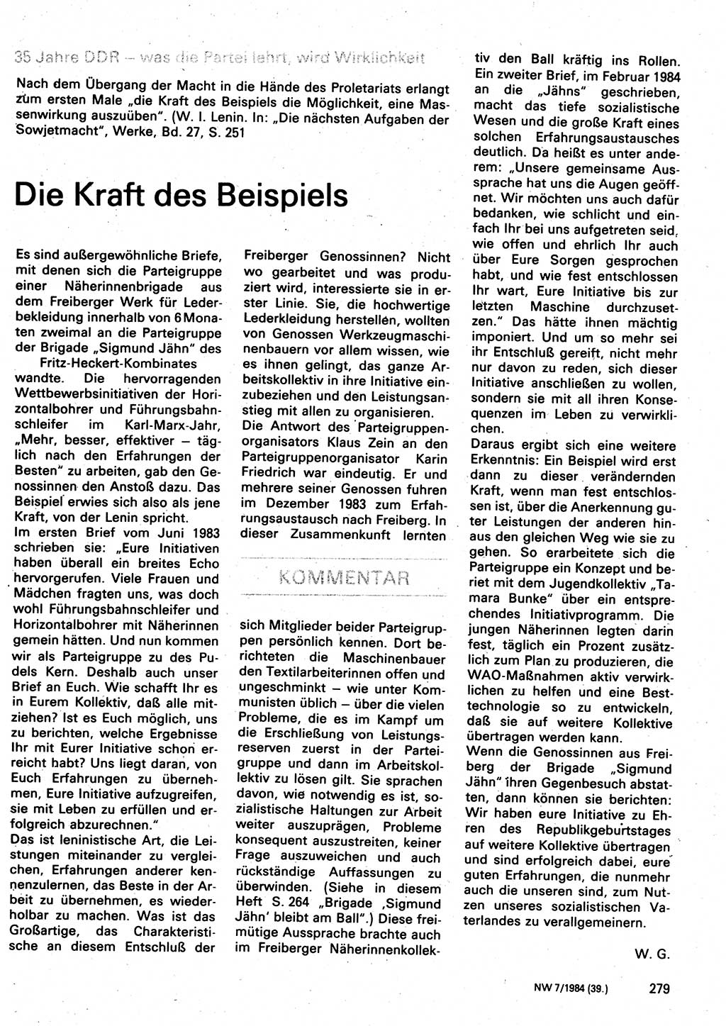 Neuer Weg (NW), Organ des Zentralkomitees (ZK) der SED (Sozialistische Einheitspartei Deutschlands) für Fragen des Parteilebens, 39. Jahrgang [Deutsche Demokratische Republik (DDR)] 1984, Seite 279 (NW ZK SED DDR 1984, S. 279)