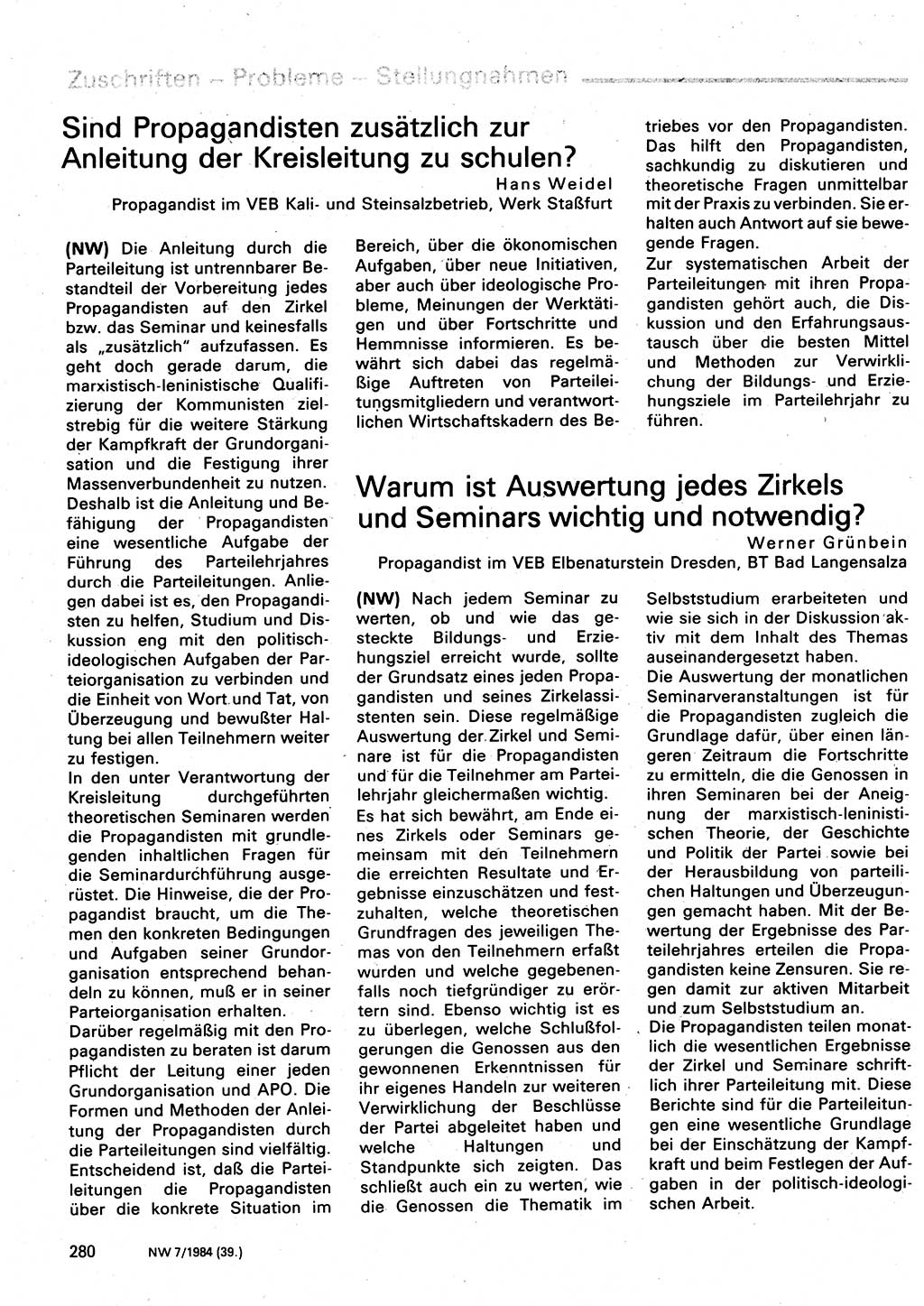 Neuer Weg (NW), Organ des Zentralkomitees (ZK) der SED (Sozialistische Einheitspartei Deutschlands) für Fragen des Parteilebens, 39. Jahrgang [Deutsche Demokratische Republik (DDR)] 1984, Seite 280 (NW ZK SED DDR 1984, S. 280)