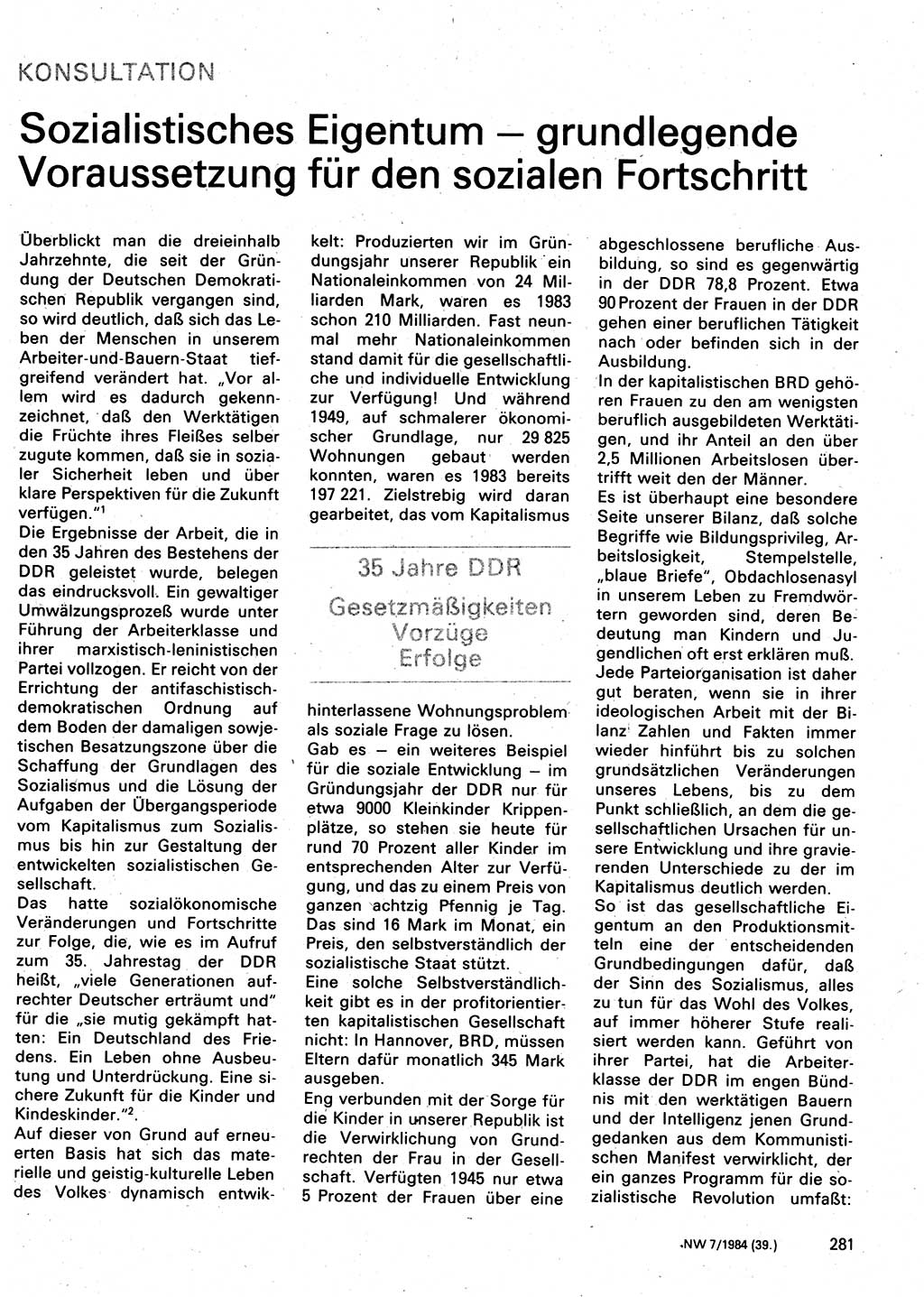 Neuer Weg (NW), Organ des Zentralkomitees (ZK) der SED (Sozialistische Einheitspartei Deutschlands) für Fragen des Parteilebens, 39. Jahrgang [Deutsche Demokratische Republik (DDR)] 1984, Seite 281 (NW ZK SED DDR 1984, S. 281)