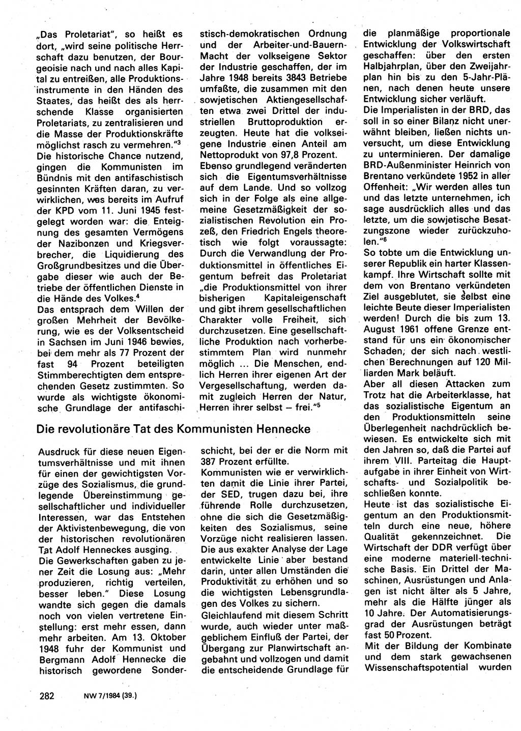 Neuer Weg (NW), Organ des Zentralkomitees (ZK) der SED (Sozialistische Einheitspartei Deutschlands) für Fragen des Parteilebens, 39. Jahrgang [Deutsche Demokratische Republik (DDR)] 1984, Seite 282 (NW ZK SED DDR 1984, S. 282)
