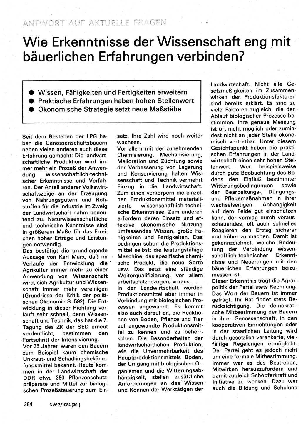 Neuer Weg (NW), Organ des Zentralkomitees (ZK) der SED (Sozialistische Einheitspartei Deutschlands) für Fragen des Parteilebens, 39. Jahrgang [Deutsche Demokratische Republik (DDR)] 1984, Seite 284 (NW ZK SED DDR 1984, S. 284)