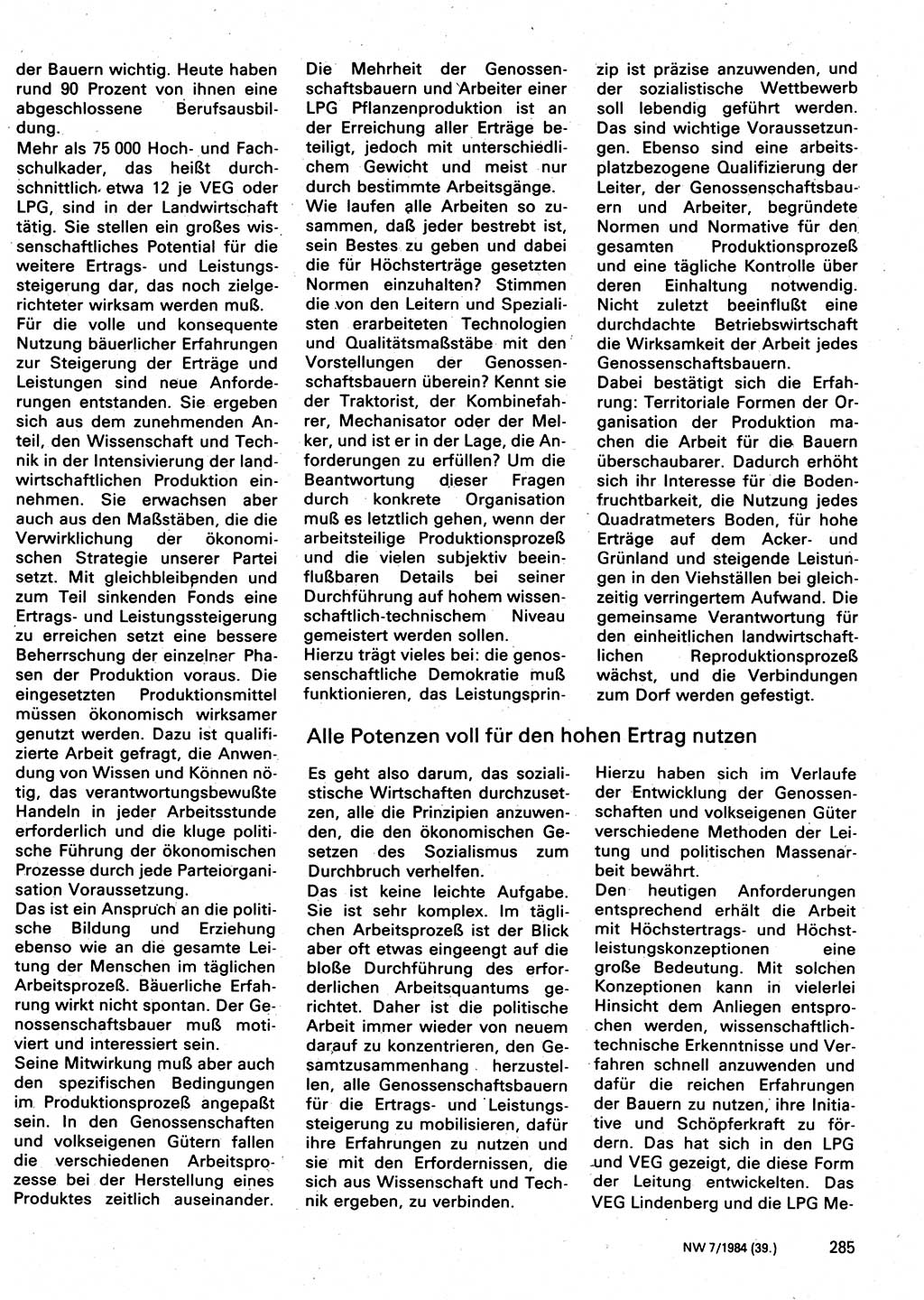 Neuer Weg (NW), Organ des Zentralkomitees (ZK) der SED (Sozialistische Einheitspartei Deutschlands) für Fragen des Parteilebens, 39. Jahrgang [Deutsche Demokratische Republik (DDR)] 1984, Seite 285 (NW ZK SED DDR 1984, S. 285)
