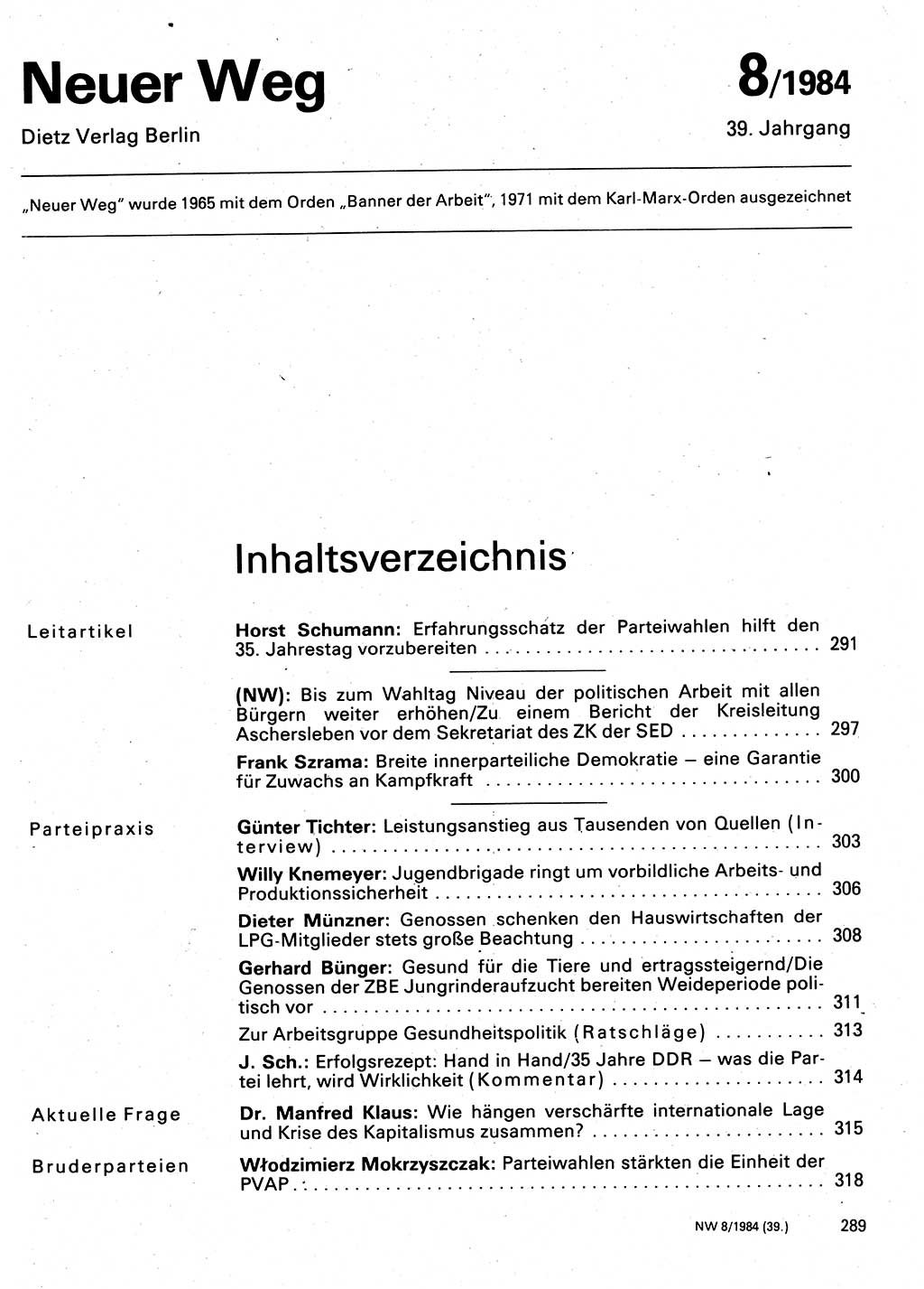 Neuer Weg (NW), Organ des Zentralkomitees (ZK) der SED (Sozialistische Einheitspartei Deutschlands) für Fragen des Parteilebens, 39. Jahrgang [Deutsche Demokratische Republik (DDR)] 1984, Seite 289 (NW ZK SED DDR 1984, S. 289)