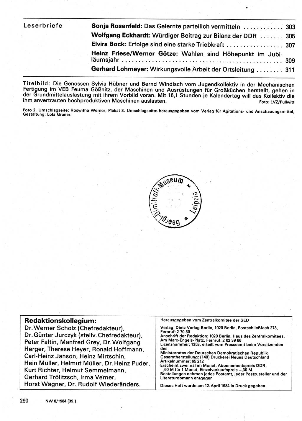 Neuer Weg (NW), Organ des Zentralkomitees (ZK) der SED (Sozialistische Einheitspartei Deutschlands) für Fragen des Parteilebens, 39. Jahrgang [Deutsche Demokratische Republik (DDR)] 1984, Seite 290 (NW ZK SED DDR 1984, S. 290)