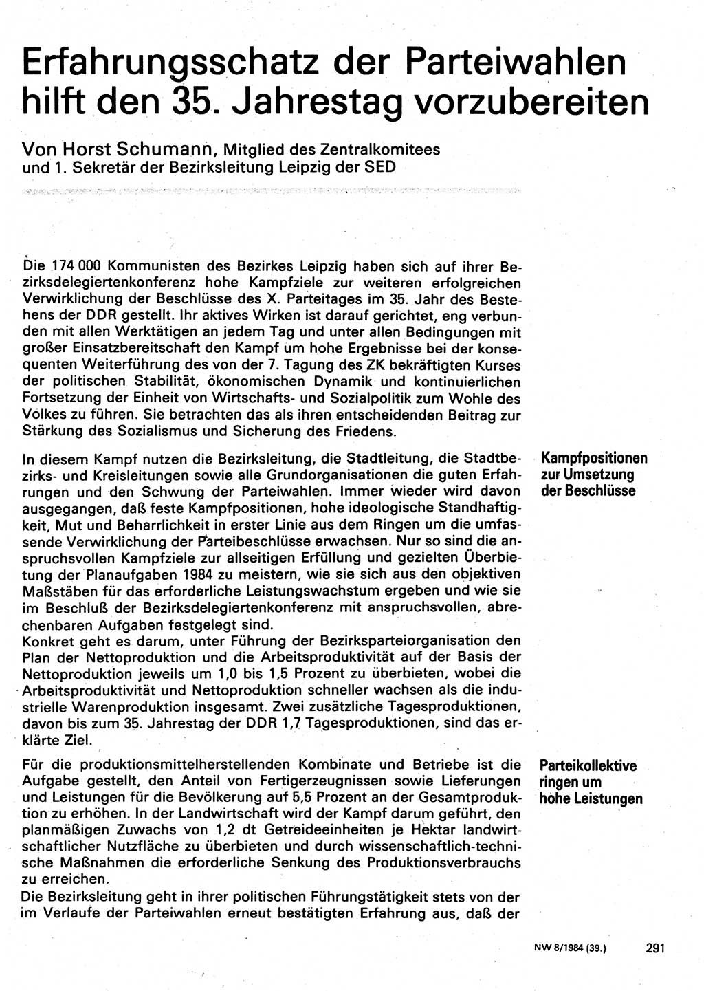 Neuer Weg (NW), Organ des Zentralkomitees (ZK) der SED (Sozialistische Einheitspartei Deutschlands) für Fragen des Parteilebens, 39. Jahrgang [Deutsche Demokratische Republik (DDR)] 1984, Seite 291 (NW ZK SED DDR 1984, S. 291)