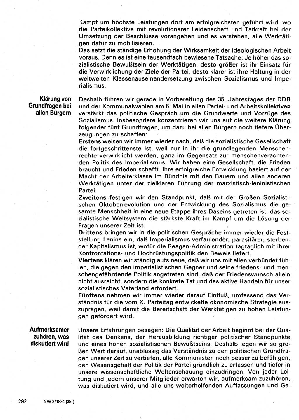 Neuer Weg (NW), Organ des Zentralkomitees (ZK) der SED (Sozialistische Einheitspartei Deutschlands) für Fragen des Parteilebens, 39. Jahrgang [Deutsche Demokratische Republik (DDR)] 1984, Seite 292 (NW ZK SED DDR 1984, S. 292)
