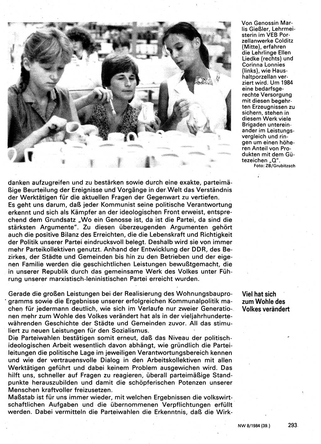 Neuer Weg (NW), Organ des Zentralkomitees (ZK) der SED (Sozialistische Einheitspartei Deutschlands) für Fragen des Parteilebens, 39. Jahrgang [Deutsche Demokratische Republik (DDR)] 1984, Seite 293 (NW ZK SED DDR 1984, S. 293)