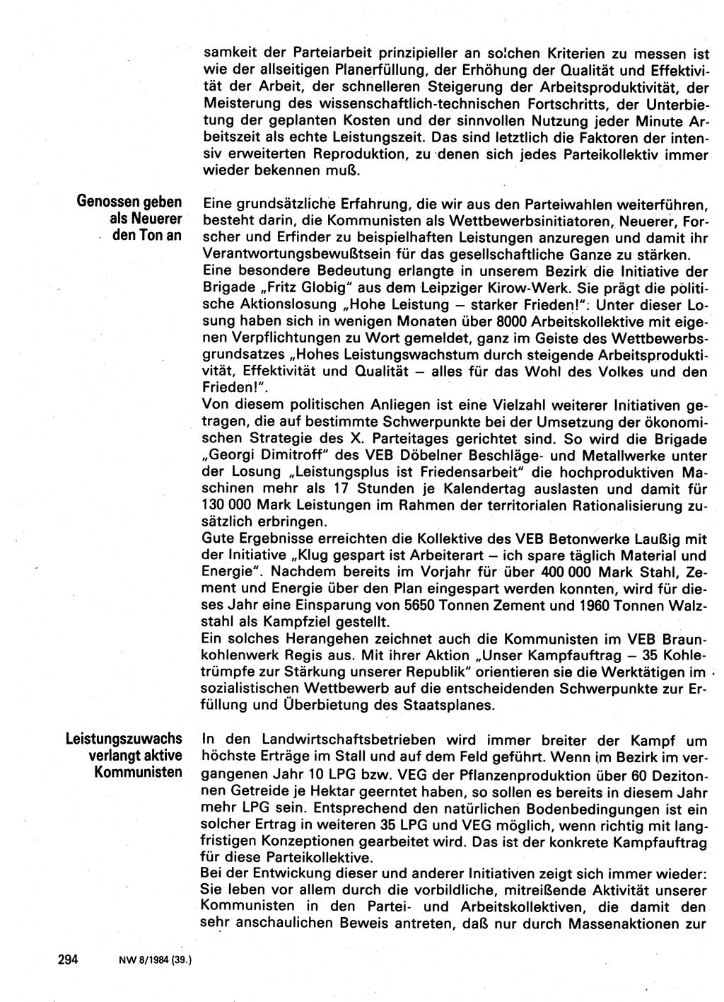 Neuer Weg (NW), Organ des Zentralkomitees (ZK) der SED (Sozialistische Einheitspartei Deutschlands) für Fragen des Parteilebens, 39. Jahrgang [Deutsche Demokratische Republik (DDR)] 1984, Seite 294 (NW ZK SED DDR 1984, S. 294)