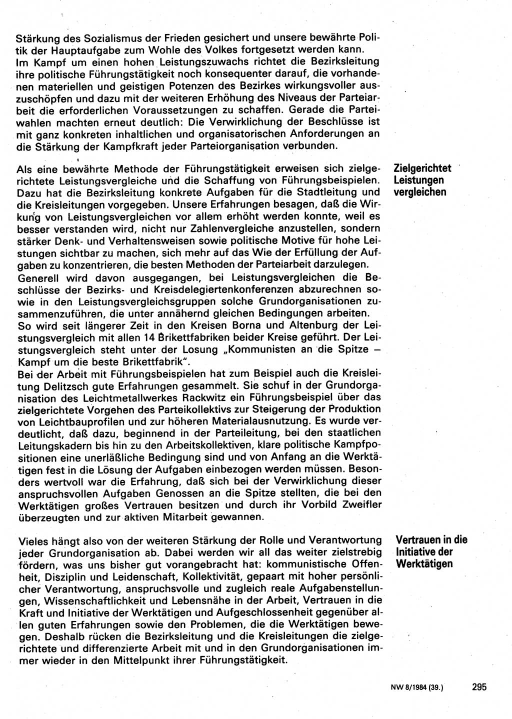 Neuer Weg (NW), Organ des Zentralkomitees (ZK) der SED (Sozialistische Einheitspartei Deutschlands) für Fragen des Parteilebens, 39. Jahrgang [Deutsche Demokratische Republik (DDR)] 1984, Seite 295 (NW ZK SED DDR 1984, S. 295)