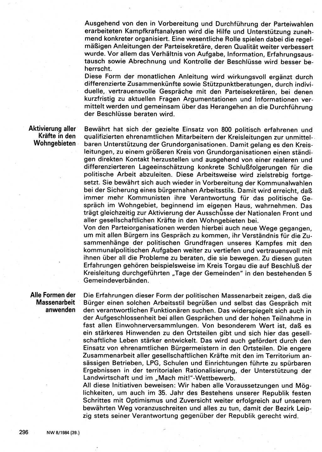 Neuer Weg (NW), Organ des Zentralkomitees (ZK) der SED (Sozialistische Einheitspartei Deutschlands) für Fragen des Parteilebens, 39. Jahrgang [Deutsche Demokratische Republik (DDR)] 1984, Seite 296 (NW ZK SED DDR 1984, S. 296)