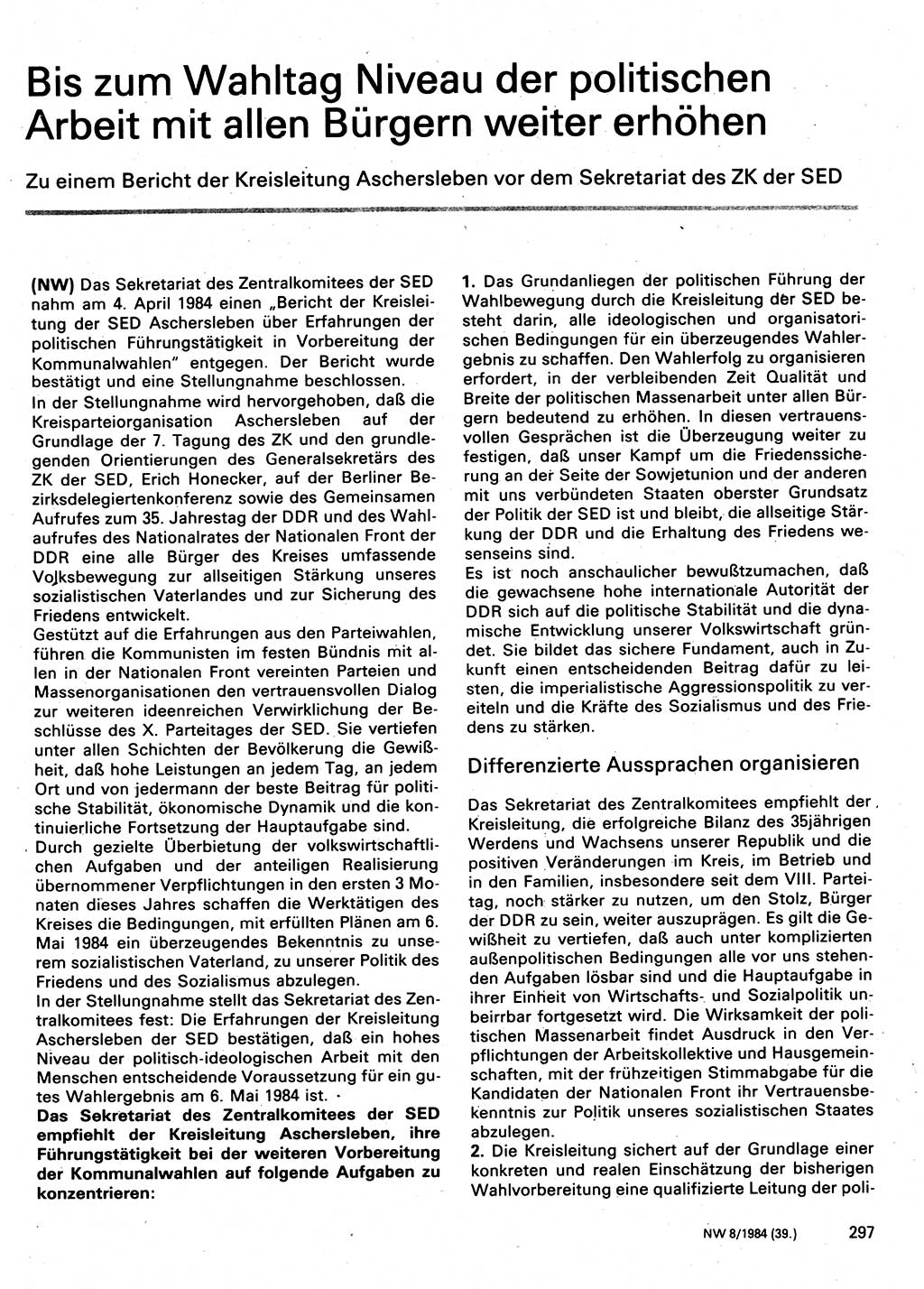 Neuer Weg (NW), Organ des Zentralkomitees (ZK) der SED (Sozialistische Einheitspartei Deutschlands) für Fragen des Parteilebens, 39. Jahrgang [Deutsche Demokratische Republik (DDR)] 1984, Seite 297 (NW ZK SED DDR 1984, S. 297)
