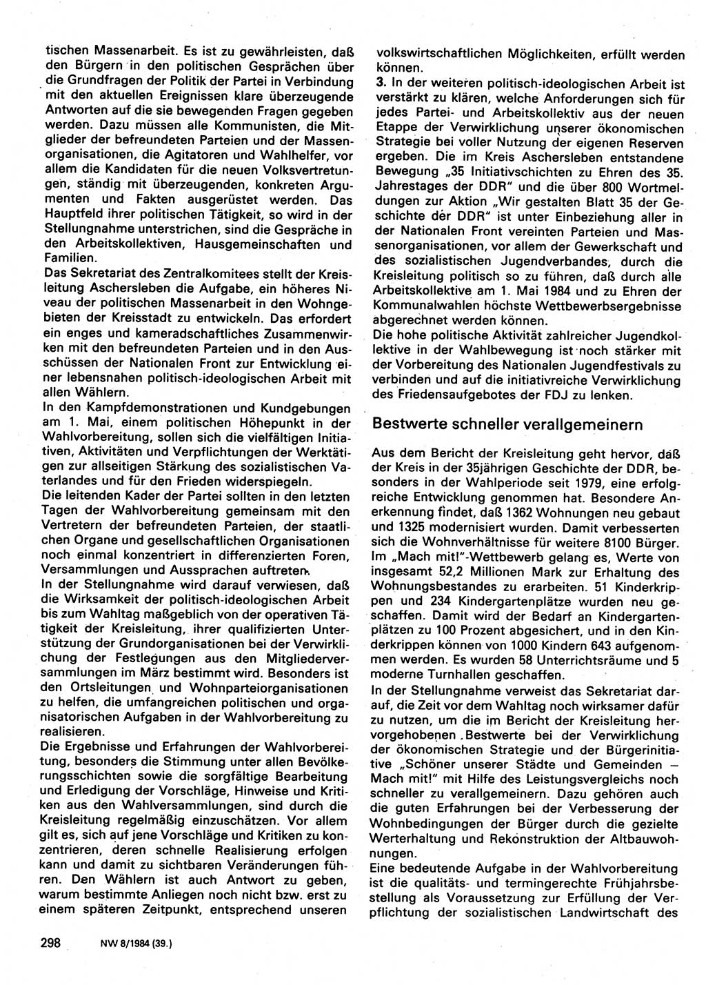Neuer Weg (NW), Organ des Zentralkomitees (ZK) der SED (Sozialistische Einheitspartei Deutschlands) für Fragen des Parteilebens, 39. Jahrgang [Deutsche Demokratische Republik (DDR)] 1984, Seite 298 (NW ZK SED DDR 1984, S. 298)