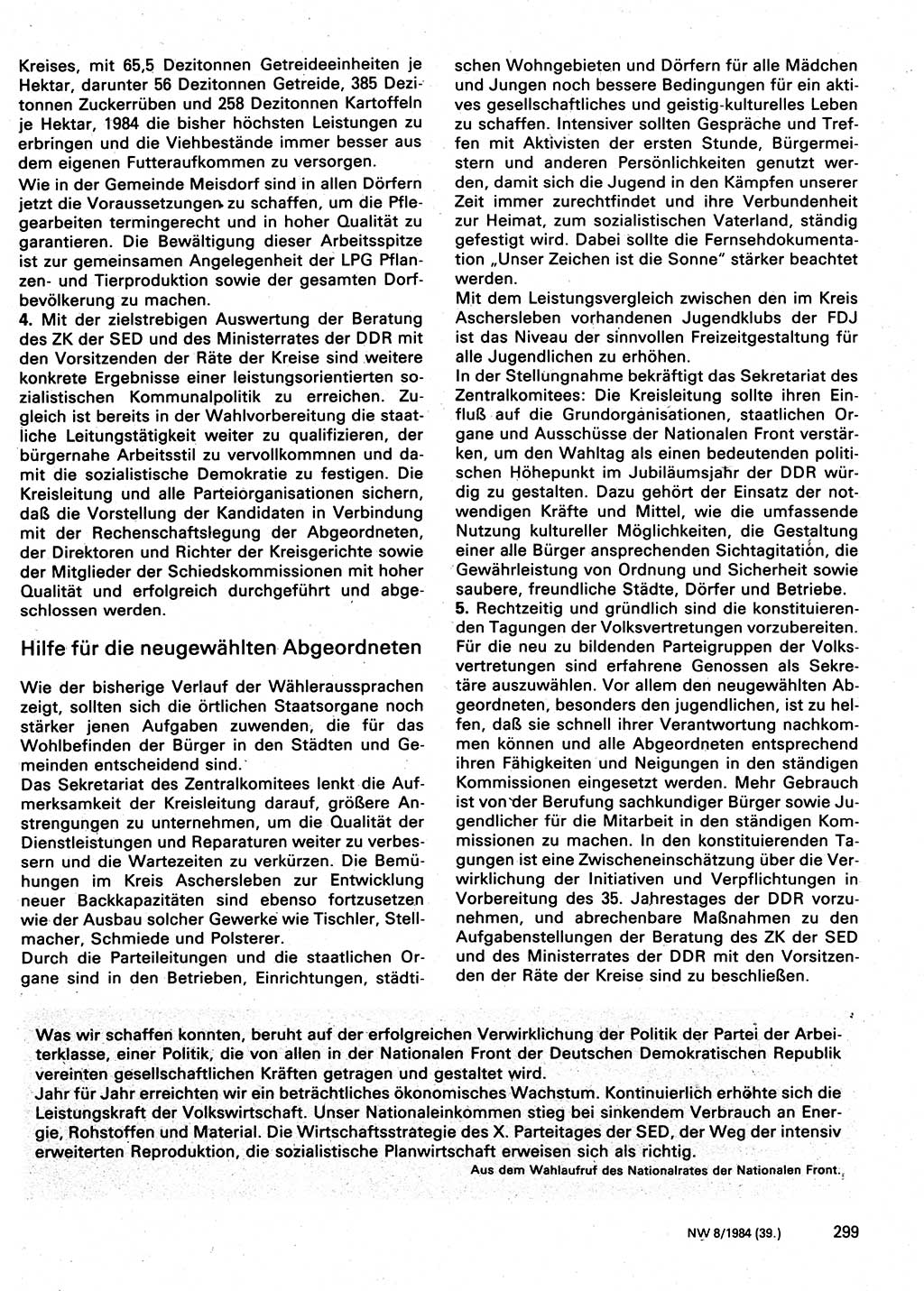 Neuer Weg (NW), Organ des Zentralkomitees (ZK) der SED (Sozialistische Einheitspartei Deutschlands) für Fragen des Parteilebens, 39. Jahrgang [Deutsche Demokratische Republik (DDR)] 1984, Seite 299 (NW ZK SED DDR 1984, S. 299)