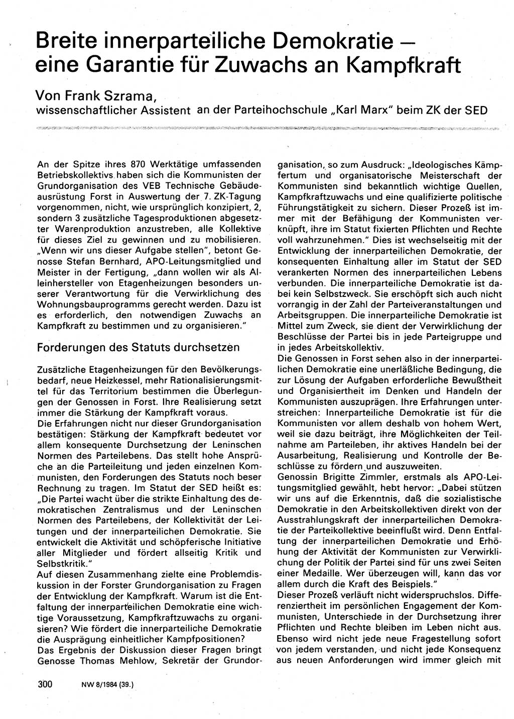 Neuer Weg (NW), Organ des Zentralkomitees (ZK) der SED (Sozialistische Einheitspartei Deutschlands) für Fragen des Parteilebens, 39. Jahrgang [Deutsche Demokratische Republik (DDR)] 1984, Seite 300 (NW ZK SED DDR 1984, S. 300)