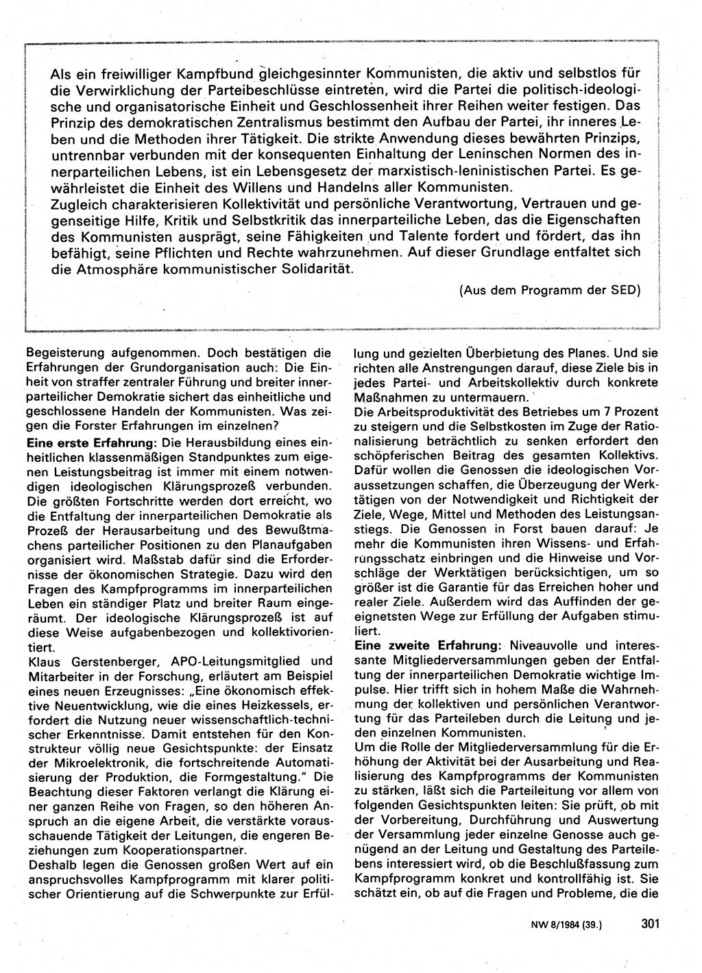 Neuer Weg (NW), Organ des Zentralkomitees (ZK) der SED (Sozialistische Einheitspartei Deutschlands) für Fragen des Parteilebens, 39. Jahrgang [Deutsche Demokratische Republik (DDR)] 1984, Seite 301 (NW ZK SED DDR 1984, S. 301)