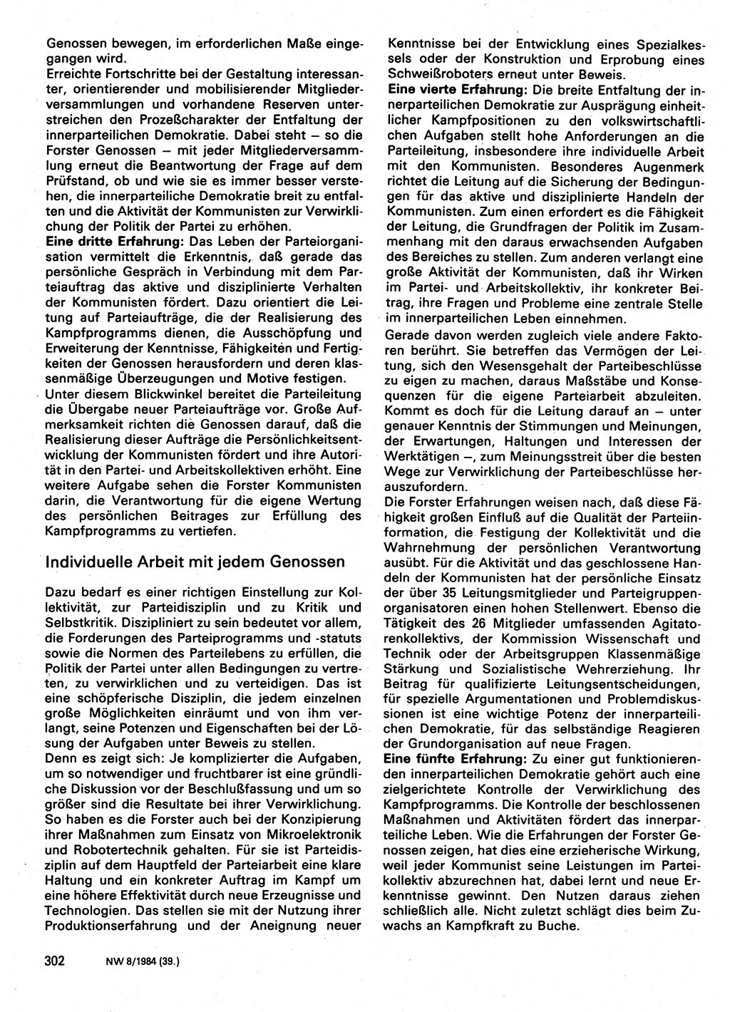 Neuer Weg (NW), Organ des Zentralkomitees (ZK) der SED (Sozialistische Einheitspartei Deutschlands) für Fragen des Parteilebens, 39. Jahrgang [Deutsche Demokratische Republik (DDR)] 1984, Seite 302 (NW ZK SED DDR 1984, S. 302)