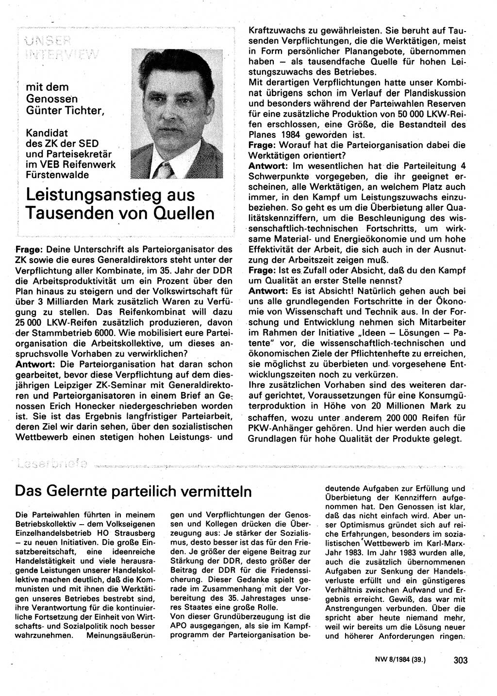 Neuer Weg (NW), Organ des Zentralkomitees (ZK) der SED (Sozialistische Einheitspartei Deutschlands) für Fragen des Parteilebens, 39. Jahrgang [Deutsche Demokratische Republik (DDR)] 1984, Seite 303 (NW ZK SED DDR 1984, S. 303)