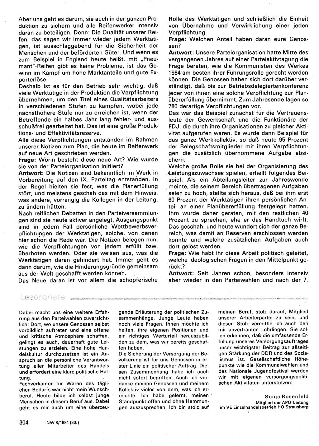 Neuer Weg (NW), Organ des Zentralkomitees (ZK) der SED (Sozialistische Einheitspartei Deutschlands) für Fragen des Parteilebens, 39. Jahrgang [Deutsche Demokratische Republik (DDR)] 1984, Seite 304 (NW ZK SED DDR 1984, S. 304)