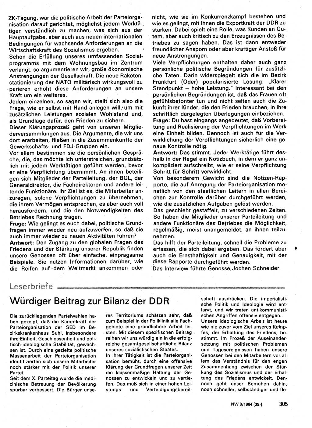 Neuer Weg (NW), Organ des Zentralkomitees (ZK) der SED (Sozialistische Einheitspartei Deutschlands) für Fragen des Parteilebens, 39. Jahrgang [Deutsche Demokratische Republik (DDR)] 1984, Seite 305 (NW ZK SED DDR 1984, S. 305)