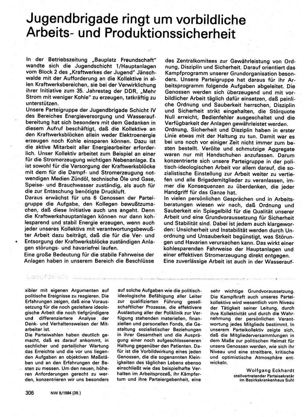 Neuer Weg (NW), Organ des Zentralkomitees (ZK) der SED (Sozialistische Einheitspartei Deutschlands) für Fragen des Parteilebens, 39. Jahrgang [Deutsche Demokratische Republik (DDR)] 1984, Seite 306 (NW ZK SED DDR 1984, S. 306)