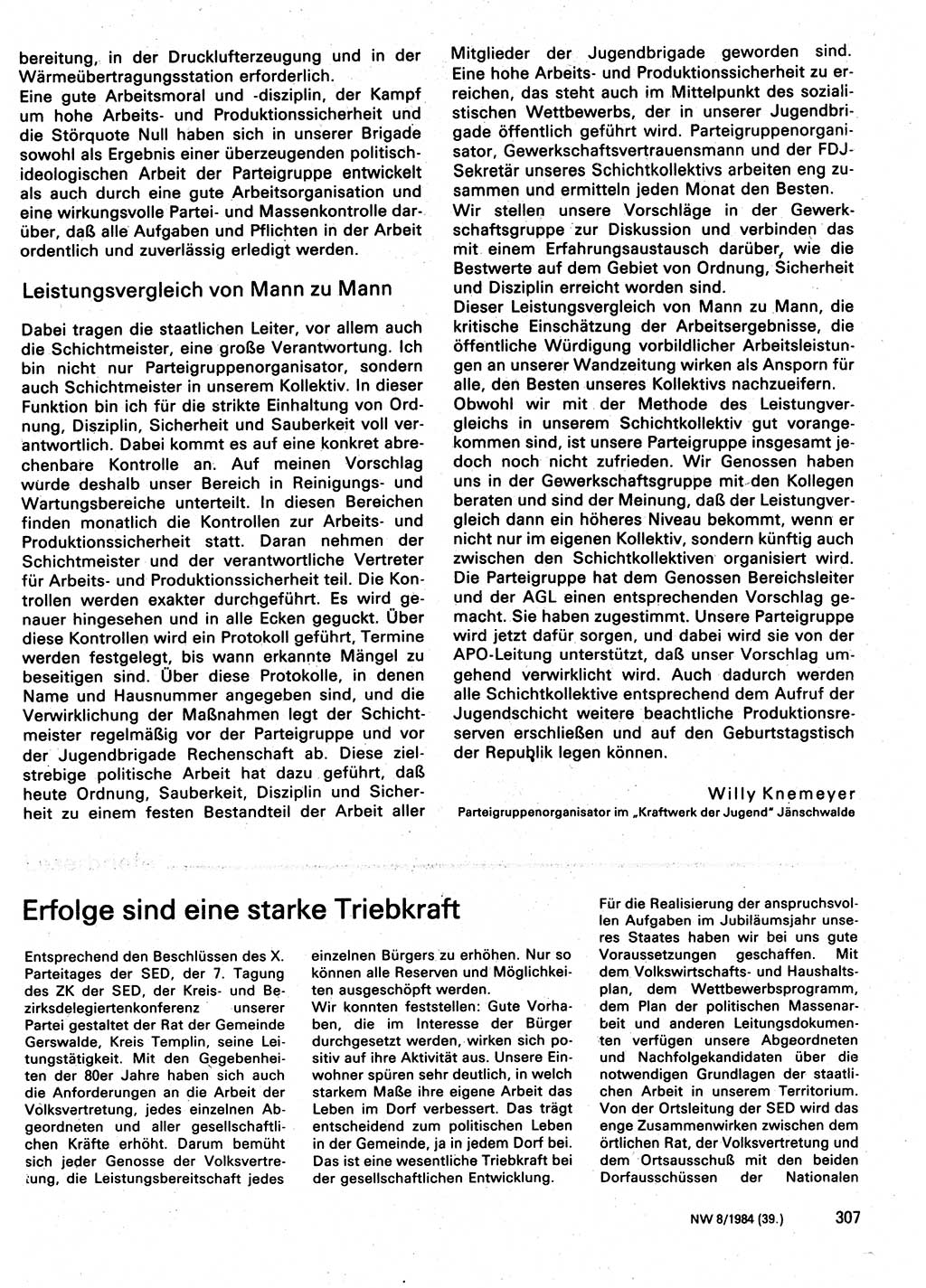 Neuer Weg (NW), Organ des Zentralkomitees (ZK) der SED (Sozialistische Einheitspartei Deutschlands) für Fragen des Parteilebens, 39. Jahrgang [Deutsche Demokratische Republik (DDR)] 1984, Seite 307 (NW ZK SED DDR 1984, S. 307)