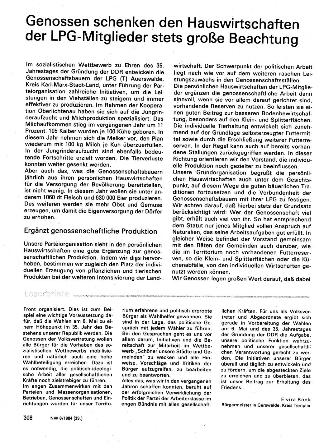 Neuer Weg (NW), Organ des Zentralkomitees (ZK) der SED (Sozialistische Einheitspartei Deutschlands) für Fragen des Parteilebens, 39. Jahrgang [Deutsche Demokratische Republik (DDR)] 1984, Seite 308 (NW ZK SED DDR 1984, S. 308)