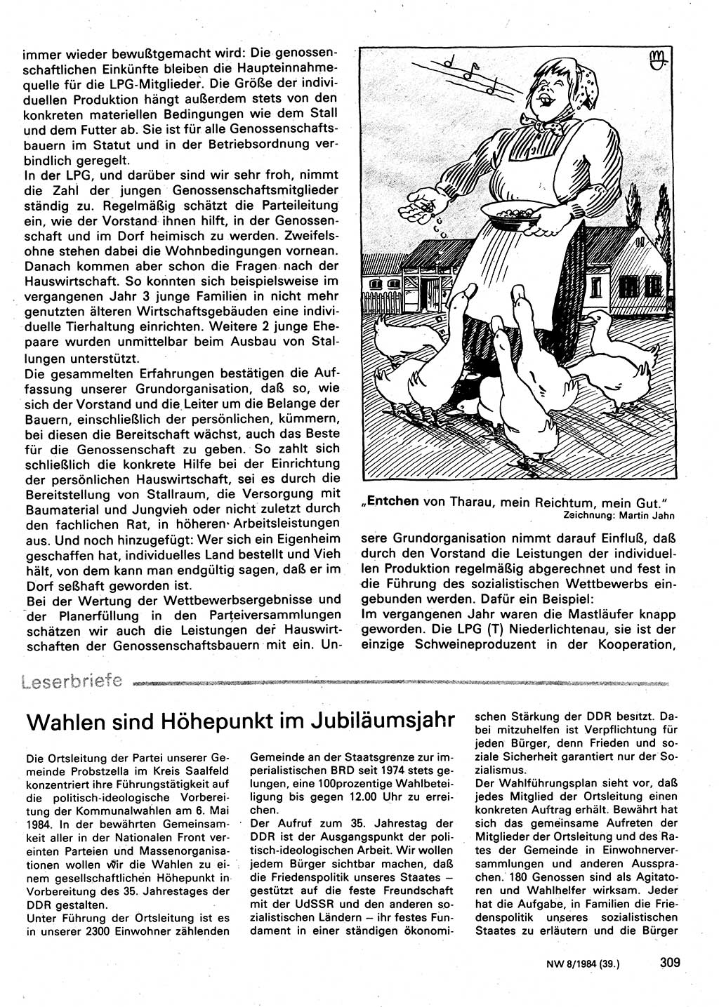 Neuer Weg (NW), Organ des Zentralkomitees (ZK) der SED (Sozialistische Einheitspartei Deutschlands) für Fragen des Parteilebens, 39. Jahrgang [Deutsche Demokratische Republik (DDR)] 1984, Seite 309 (NW ZK SED DDR 1984, S. 309)