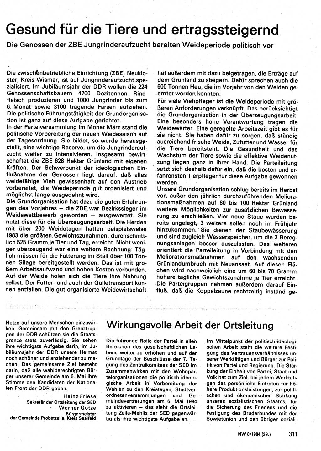 Neuer Weg (NW), Organ des Zentralkomitees (ZK) der SED (Sozialistische Einheitspartei Deutschlands) fÃ¼r Fragen des Parteilebens, 39. Jahrgang [Deutsche Demokratische Republik (DDR)] 1984, Seite 311 (NW ZK SED DDR 1984, S. 311)