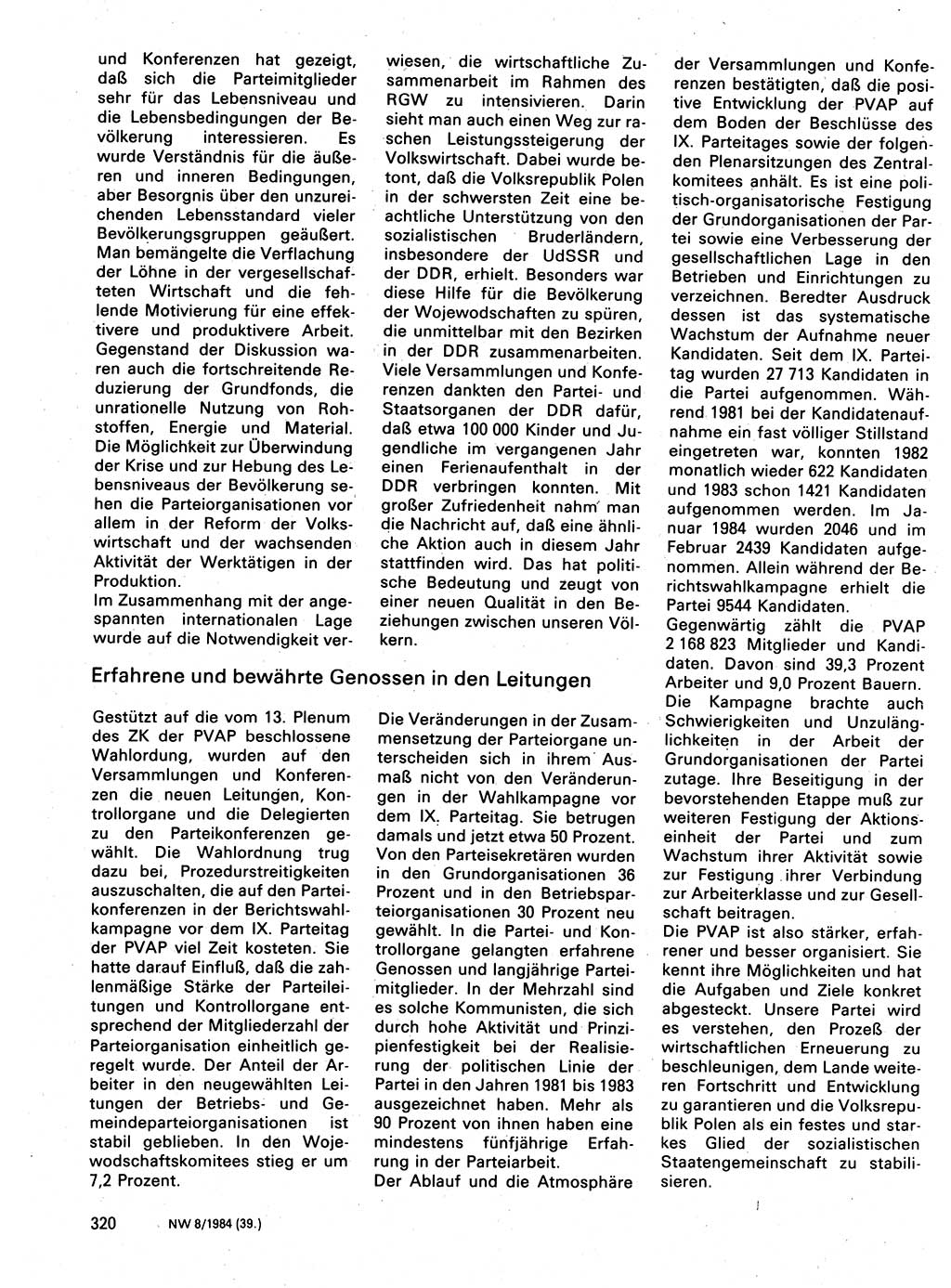 Neuer Weg (NW), Organ des Zentralkomitees (ZK) der SED (Sozialistische Einheitspartei Deutschlands) für Fragen des Parteilebens, 39. Jahrgang [Deutsche Demokratische Republik (DDR)] 1984, Seite 320 (NW ZK SED DDR 1984, S. 320)