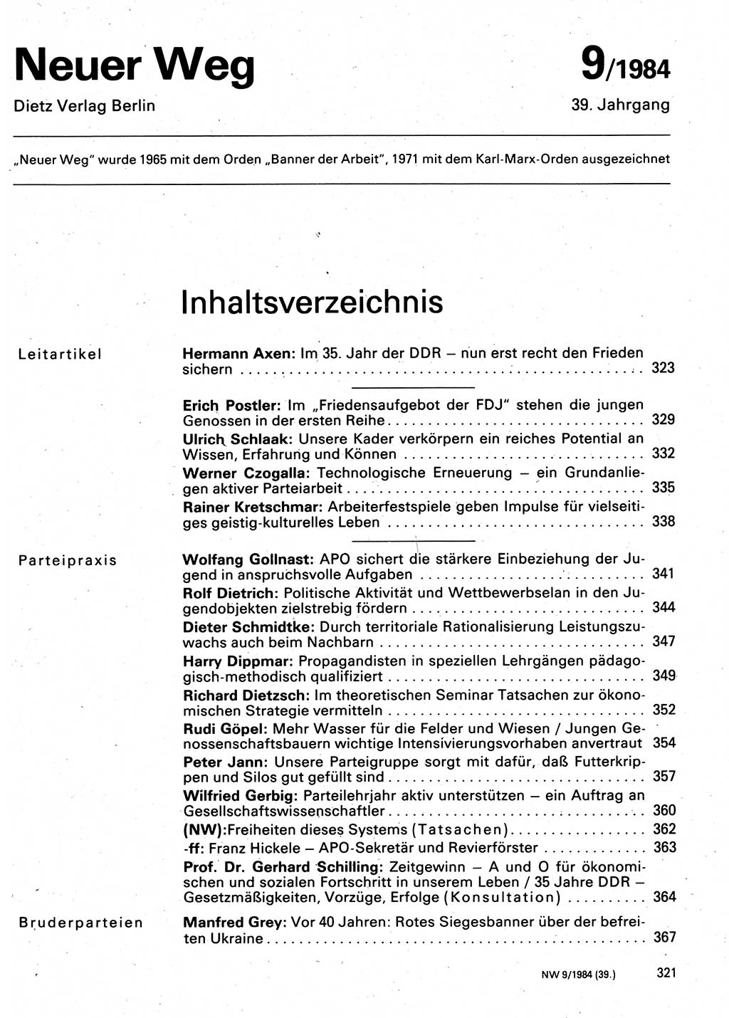 Neuer Weg (NW), Organ des Zentralkomitees (ZK) der SED (Sozialistische Einheitspartei Deutschlands) für Fragen des Parteilebens, 39. Jahrgang [Deutsche Demokratische Republik (DDR)] 1984, Seite 321 (NW ZK SED DDR 1984, S. 321)