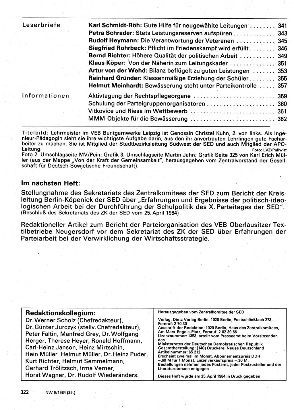 Neuer Weg (NW), Organ des Zentralkomitees (ZK) der SED (Sozialistische Einheitspartei Deutschlands) für Fragen des Parteilebens, 39. Jahrgang [Deutsche Demokratische Republik (DDR)] 1984, Seite 322 (NW ZK SED DDR 1984, S. 322)